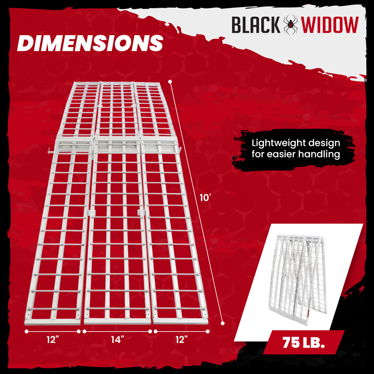 Black Widow 10’ Aluminum Folding Motorcycle Ramp, Arched 3pc Design (Open Box)