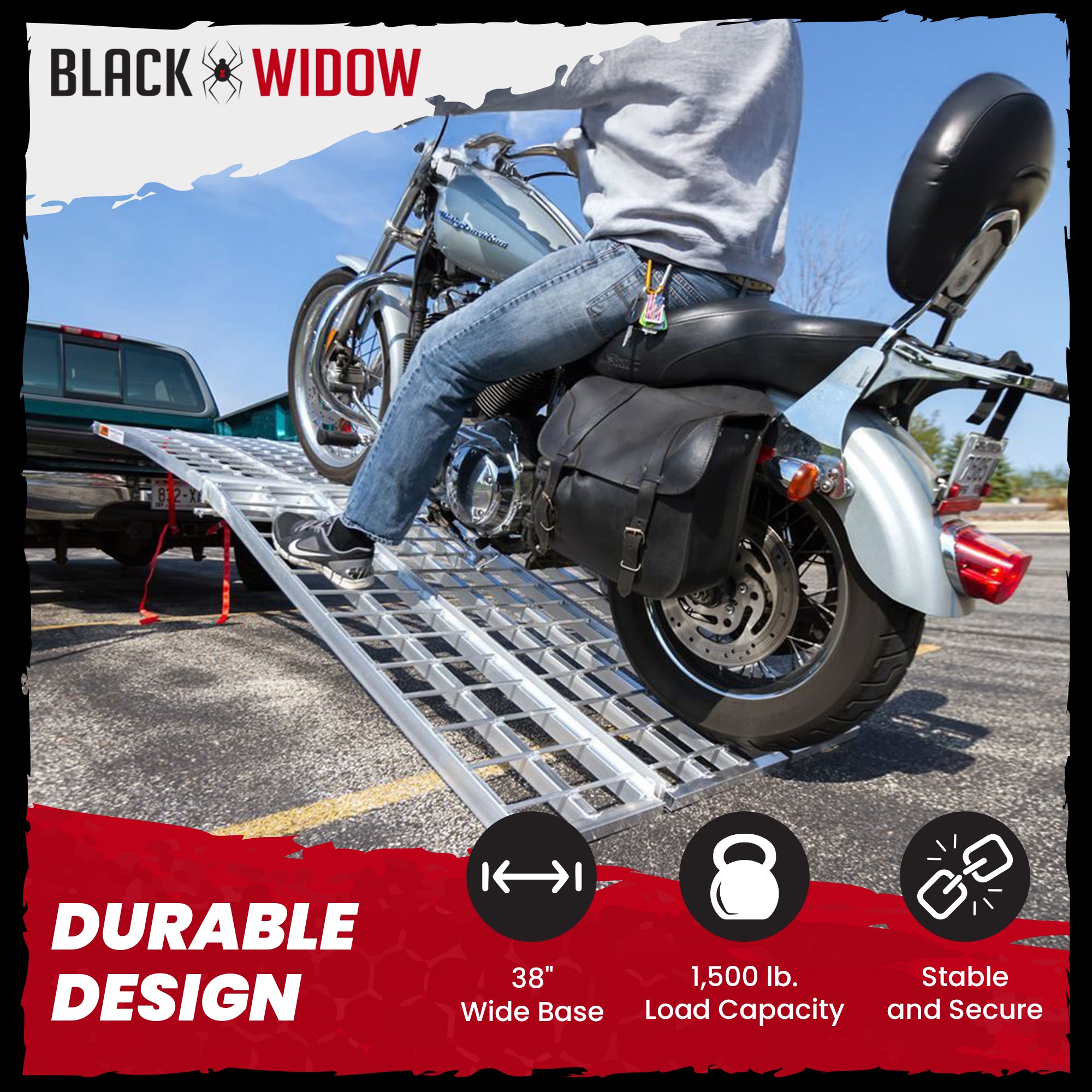Black Widow 10’ Aluminum Folding Motorcycle Ramp, Arched 3 Piece Design, Silver