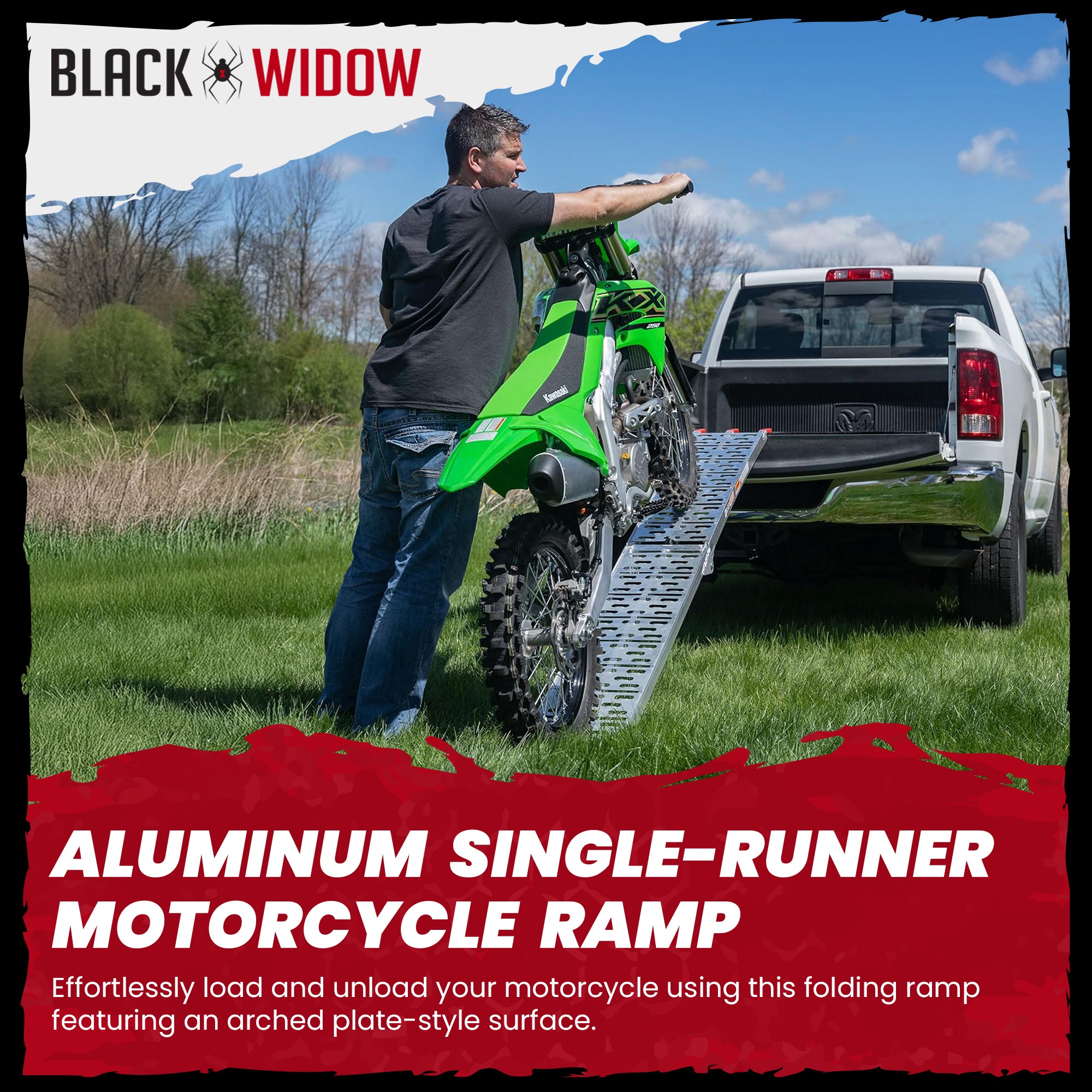 Black Widow Aluminum Folding Motorcycle Ramp Arched Plate, Single Runner, (Used)