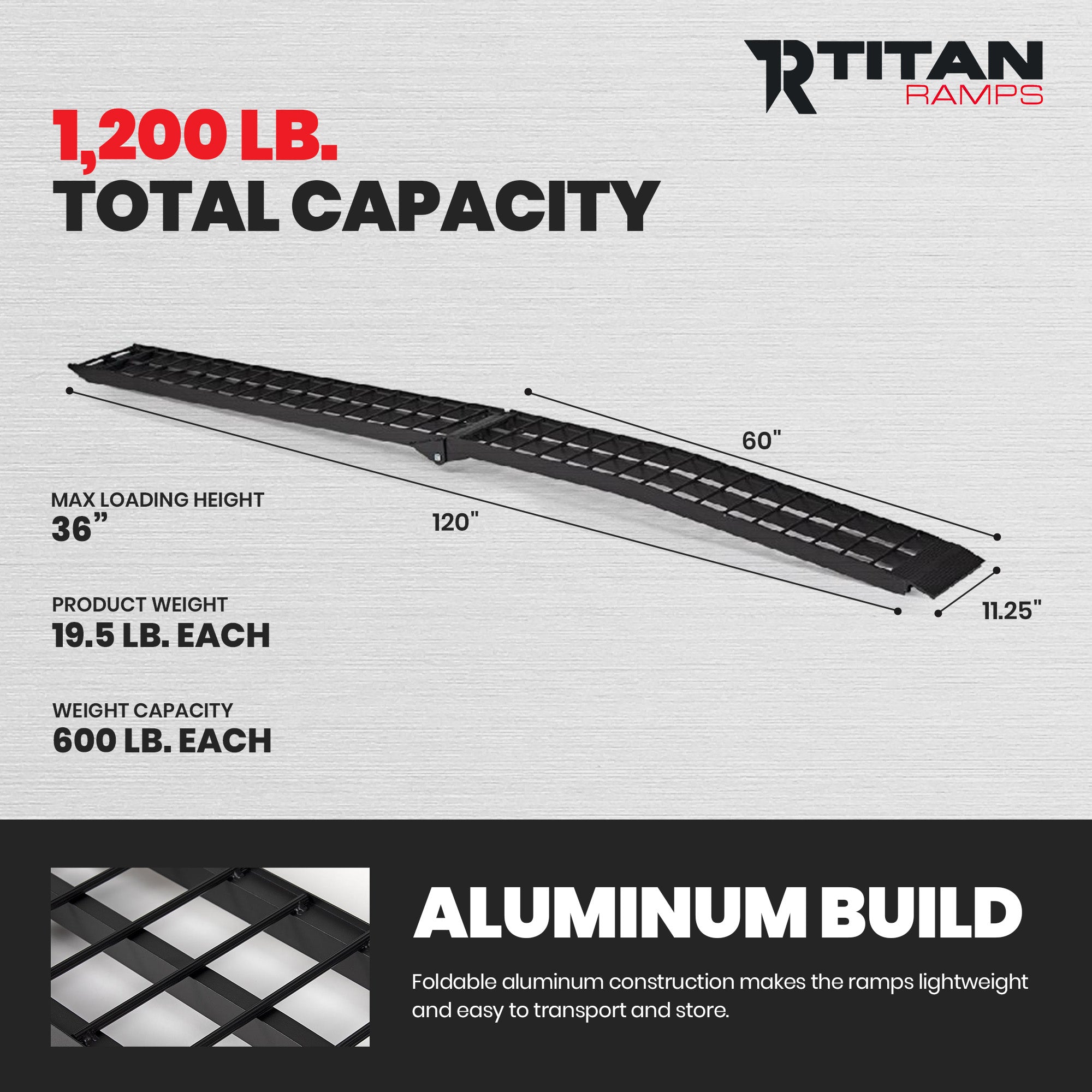 Titan Ramps 2 Pack 10’ Folding ATV Loading Ramps, Arched Aluminum Design, Black