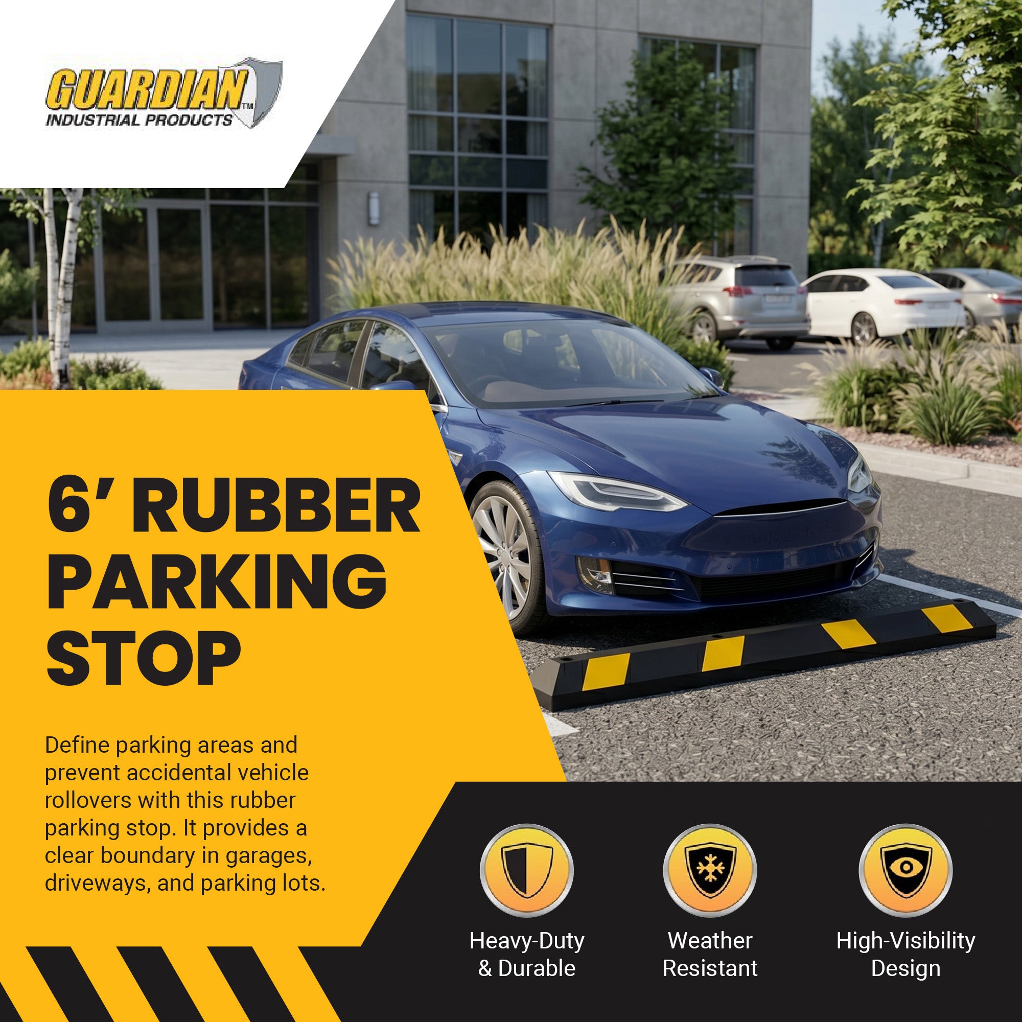 Guardian Parking Stop, 6 Foot Long Rubber Curb with Mounting Holes, Black/Yellow