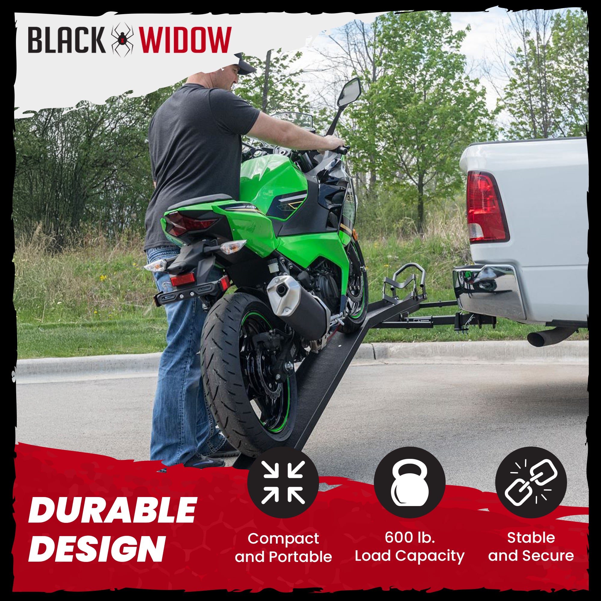 Black Widow Motorcycle Bike Carrier with Ramp for 2" Hitch, 600 Pound Capacity
