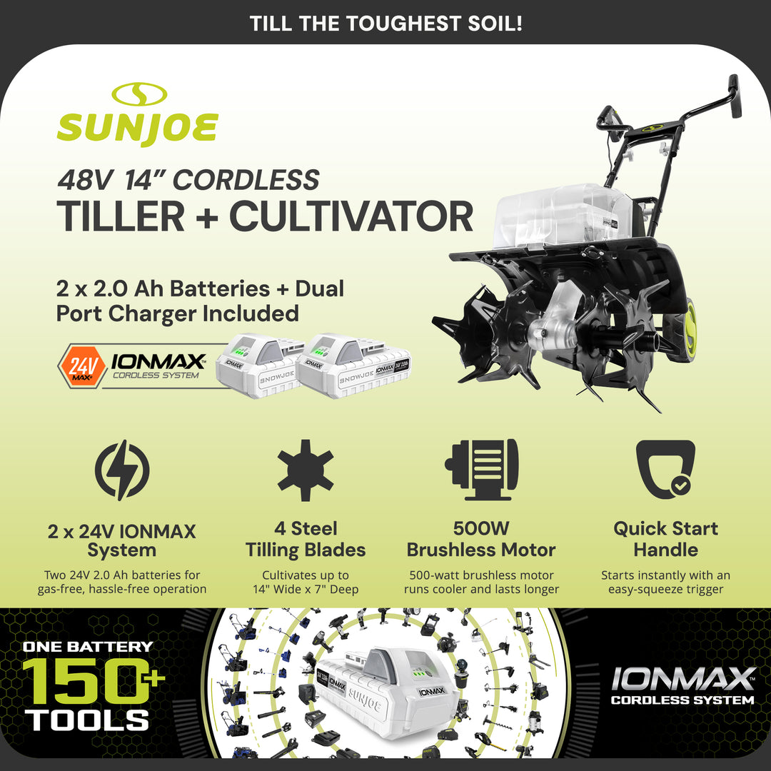 Sun Joe 24V Cordless Garden Tiller Cultivator Accessory Kit, Black, 24V-X2-TLR14
