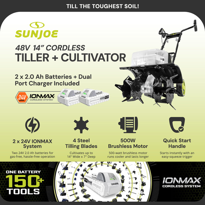 Sun Joe 24V Cordless Garden Tiller Cultivator Accessory Kit, Black, 24V-X2-TLR14
