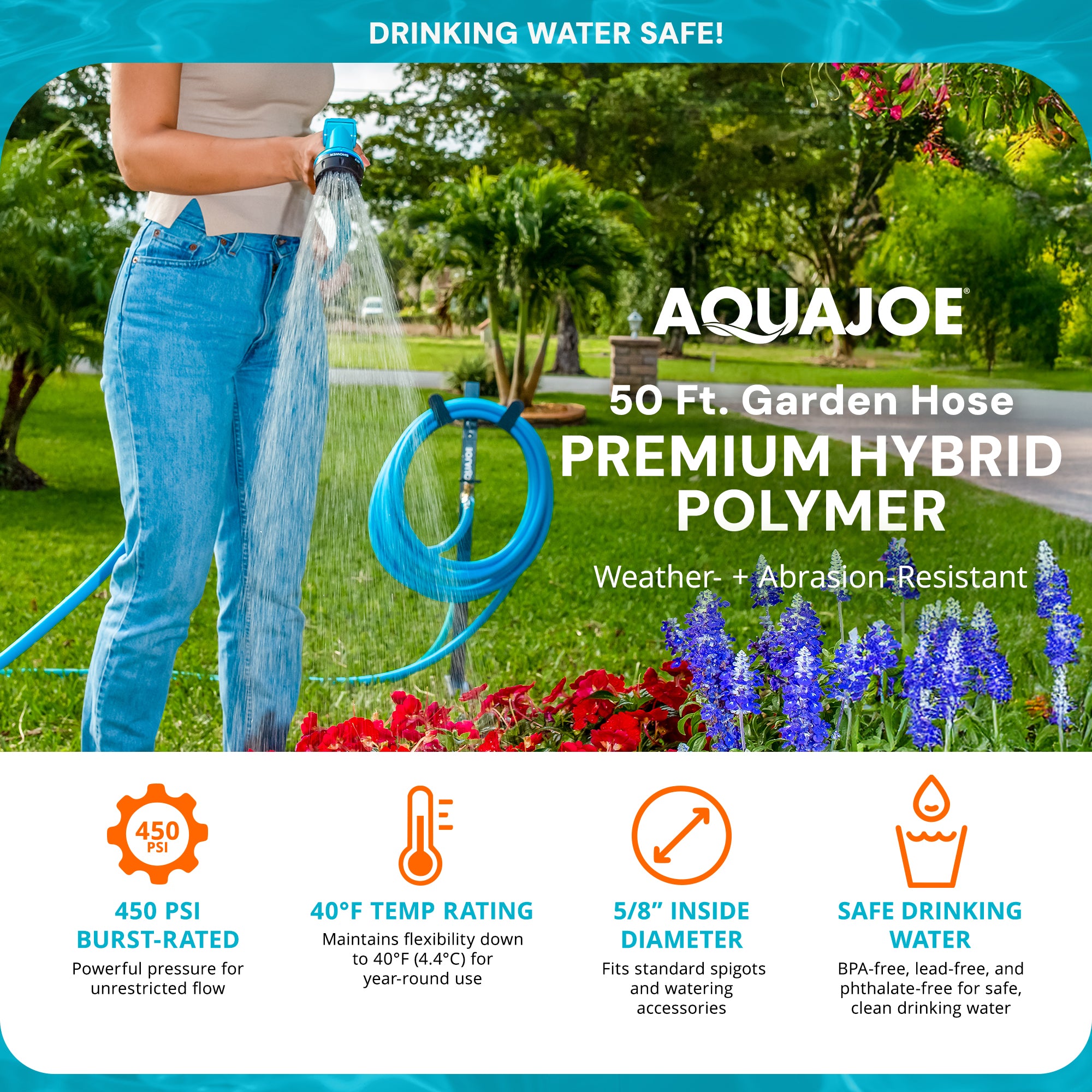 Aqua Joe 50 Ft Hybrid Polymer FLEX Garden Hose, Drinking Water Safe, AJPGH50-DWS