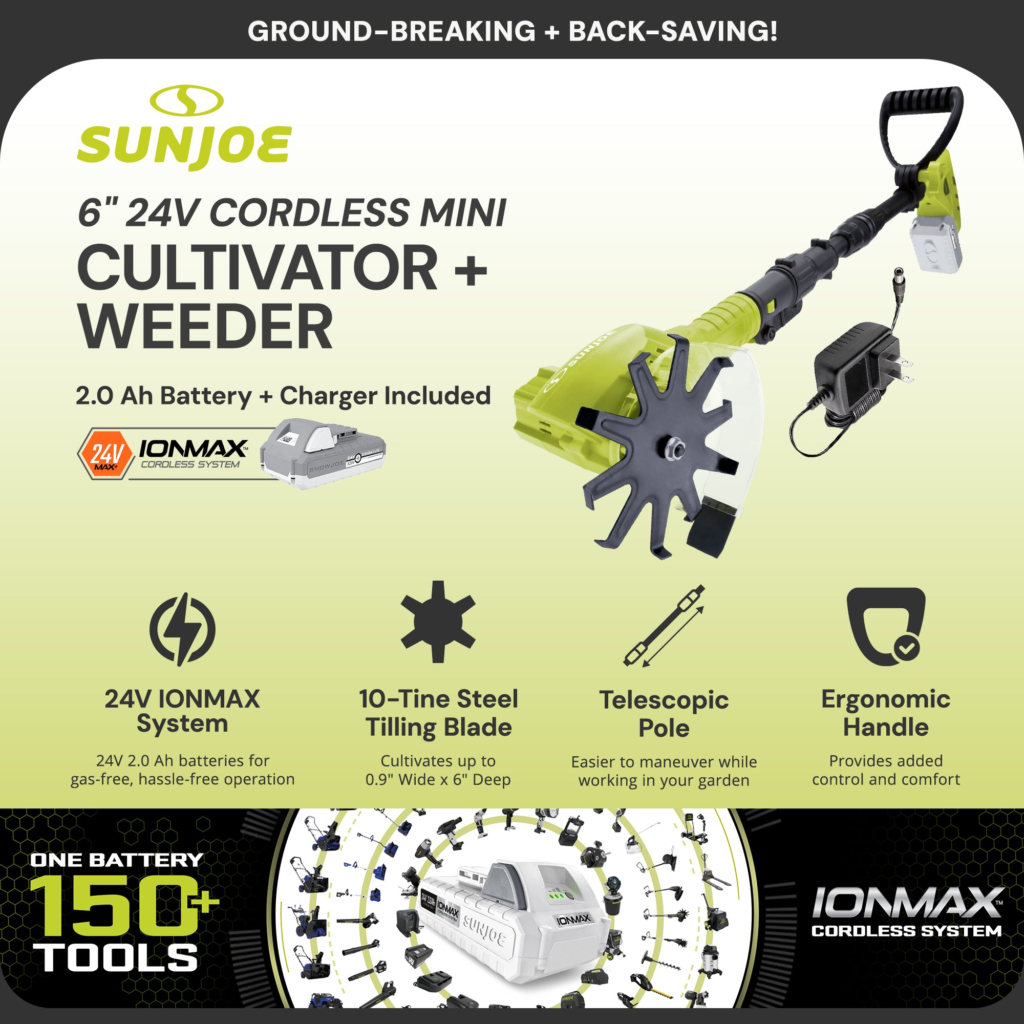 Sun Joe 24 Volt Cordless Telescoping Cultivator/Weeder with 250W Motor(Open Box)