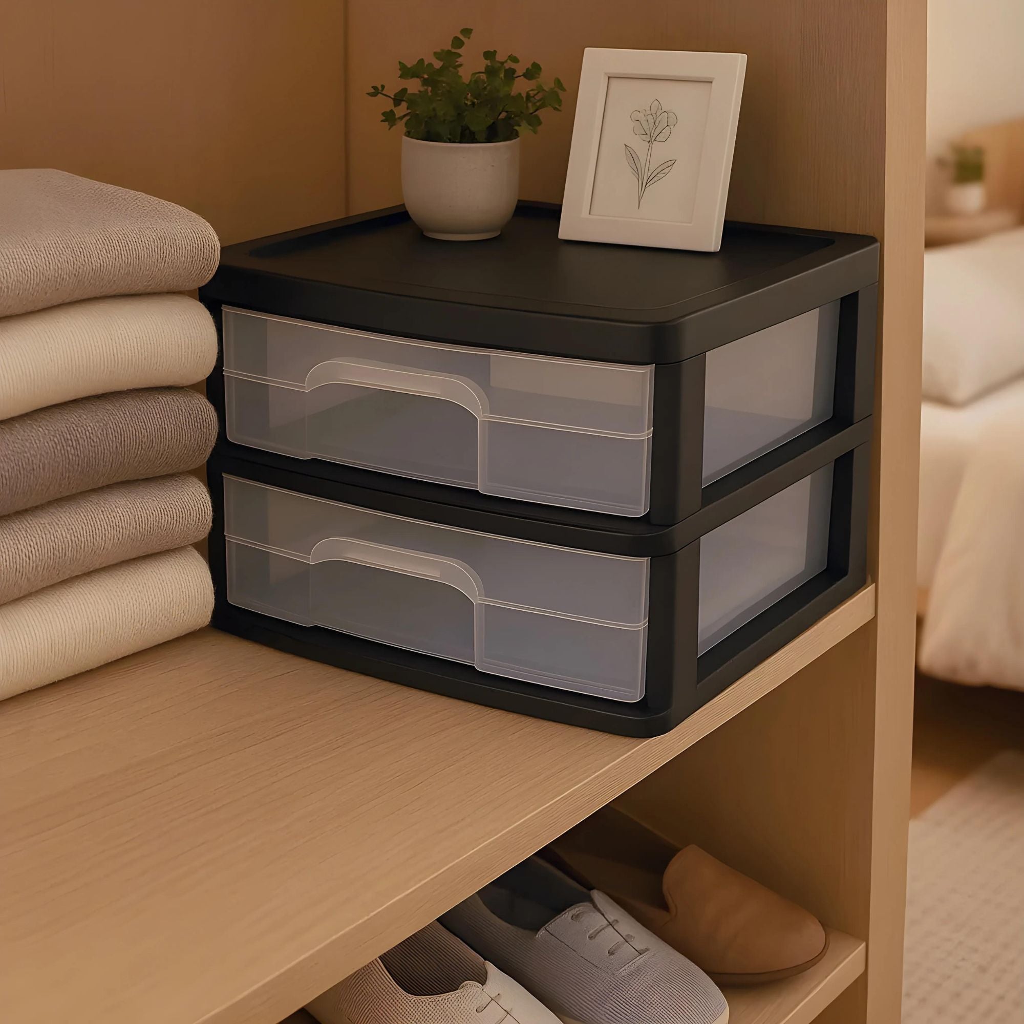 Homz Plastic 2 Drawer Medium Storage Cart, Black Frame with Clear Drawer, 2 Pack - VMInnovations