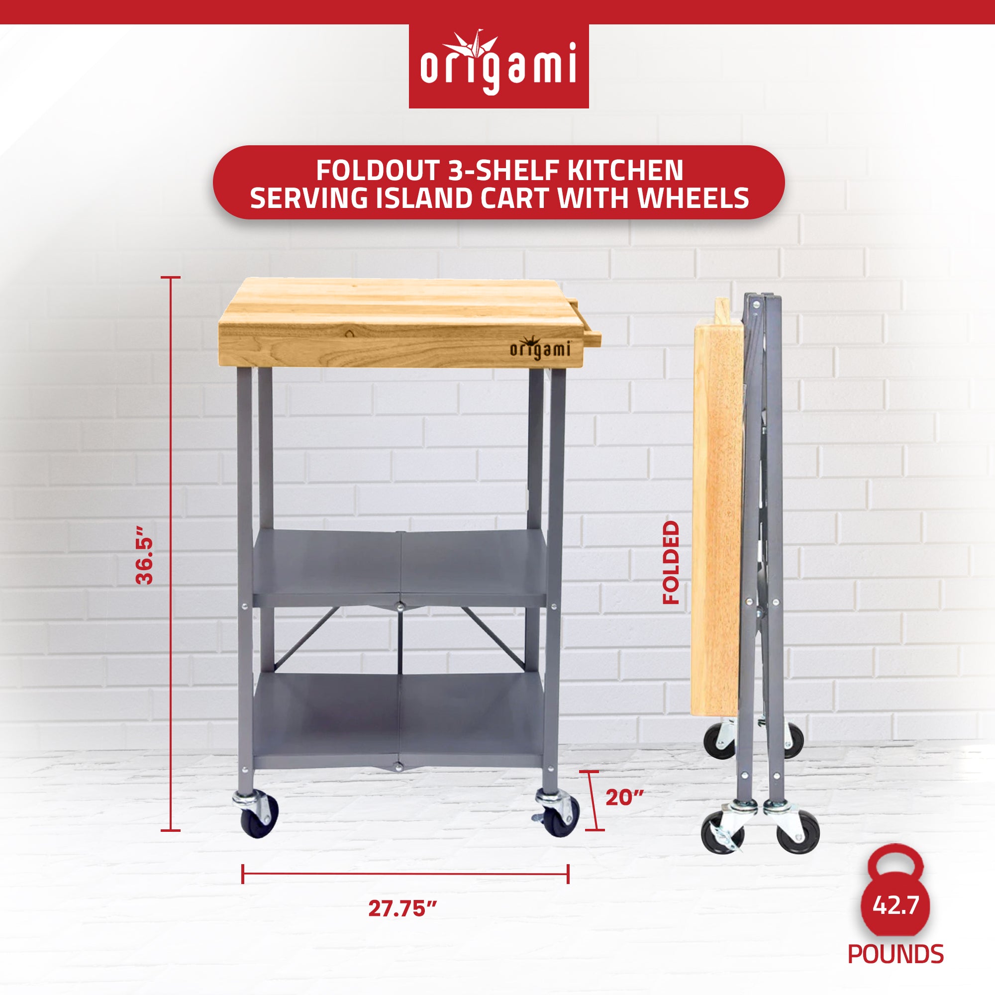 Origami Foldable Kitchen Island Cart, Wheeled Rolling Storage Cart (Open Box) - VMInnovations