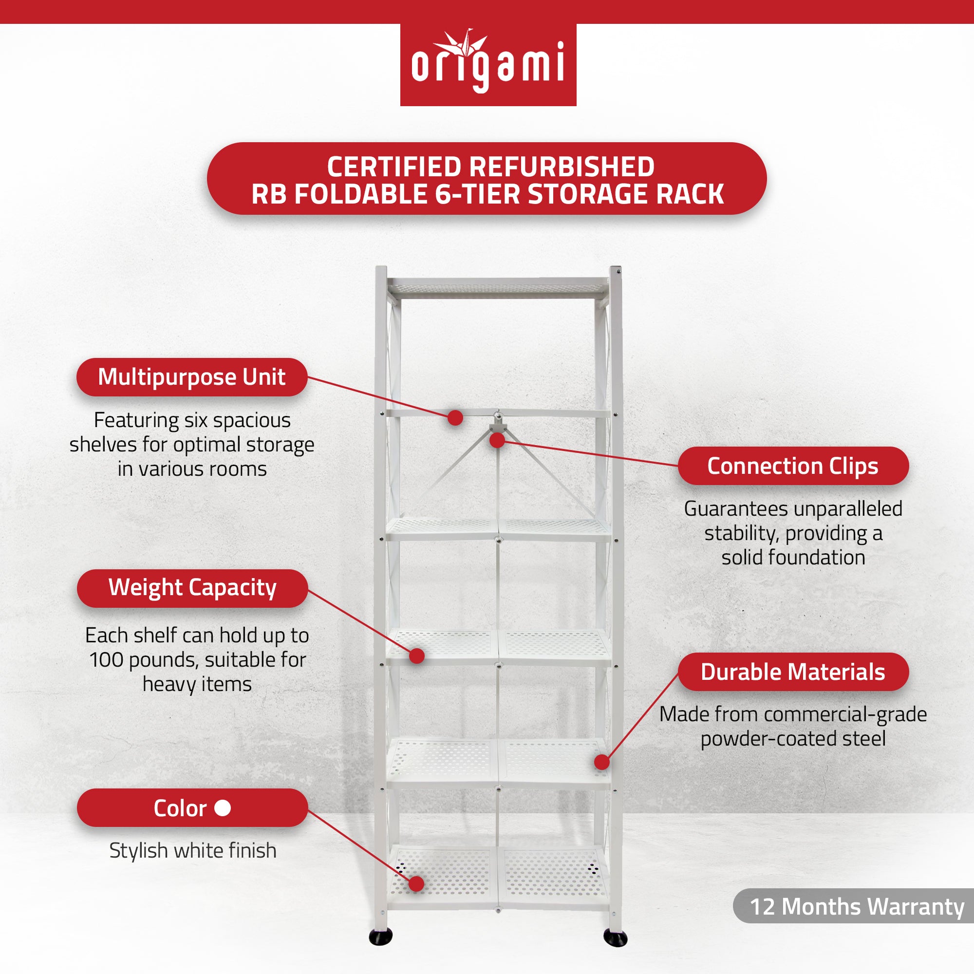 Origami RB Foldable 6 Tier Rack, Wheels, Tall/Slim, White, Certified Refurbished - VMInnovations