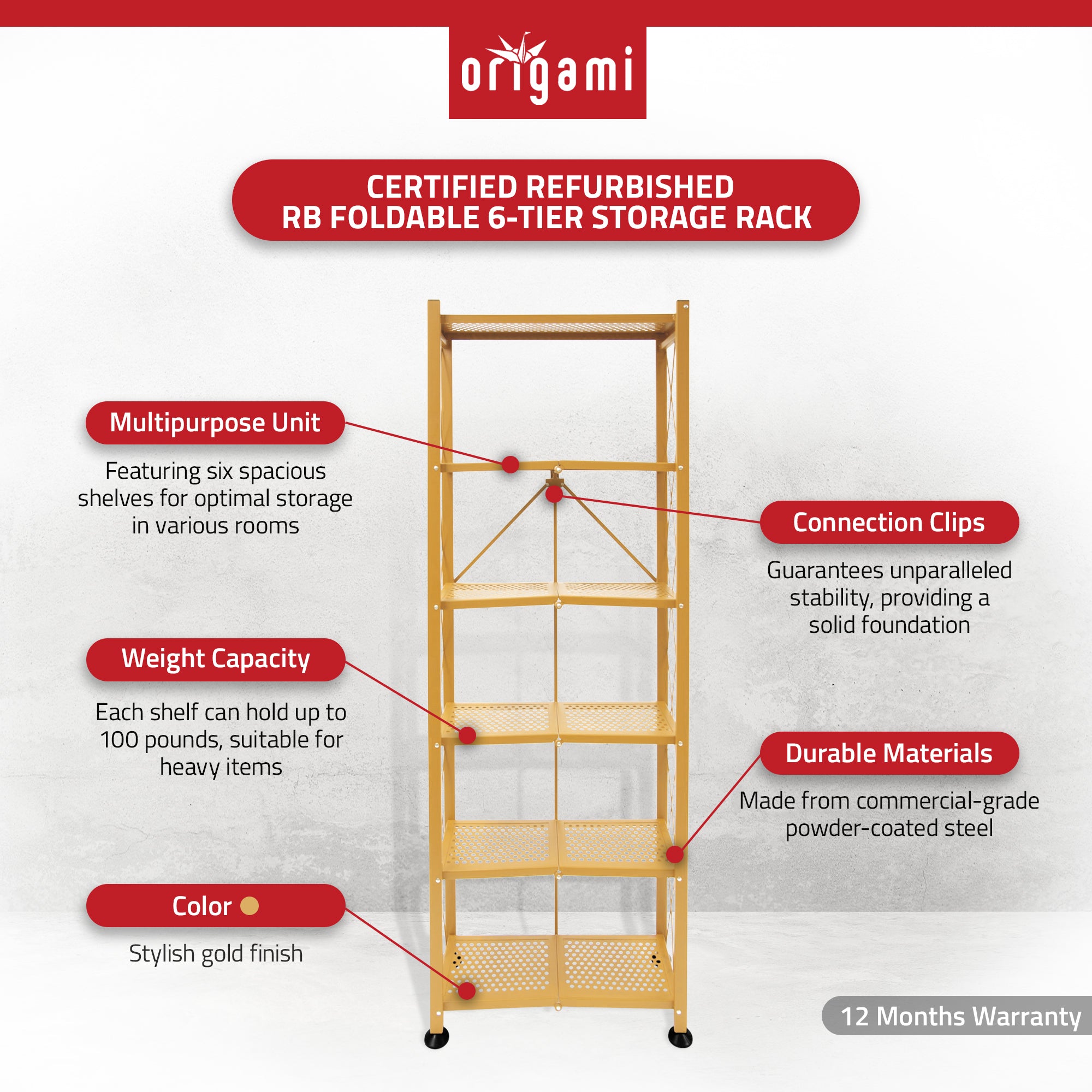 Origami RB Foldable 6 Tier Rack, Wheels, Tall/Slim, Gold, Certified Refurbished - VMInnovations