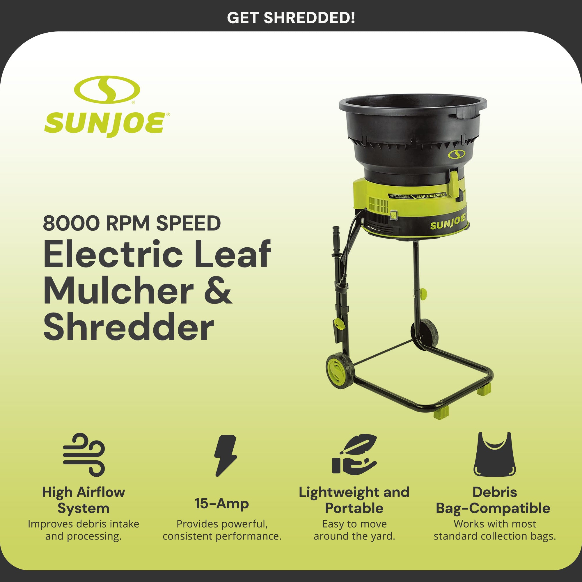 Sun Joe 15-Amp Bladeless 8,000 RPM Electric Leaf Mulcher, Black/Green (Open Box)