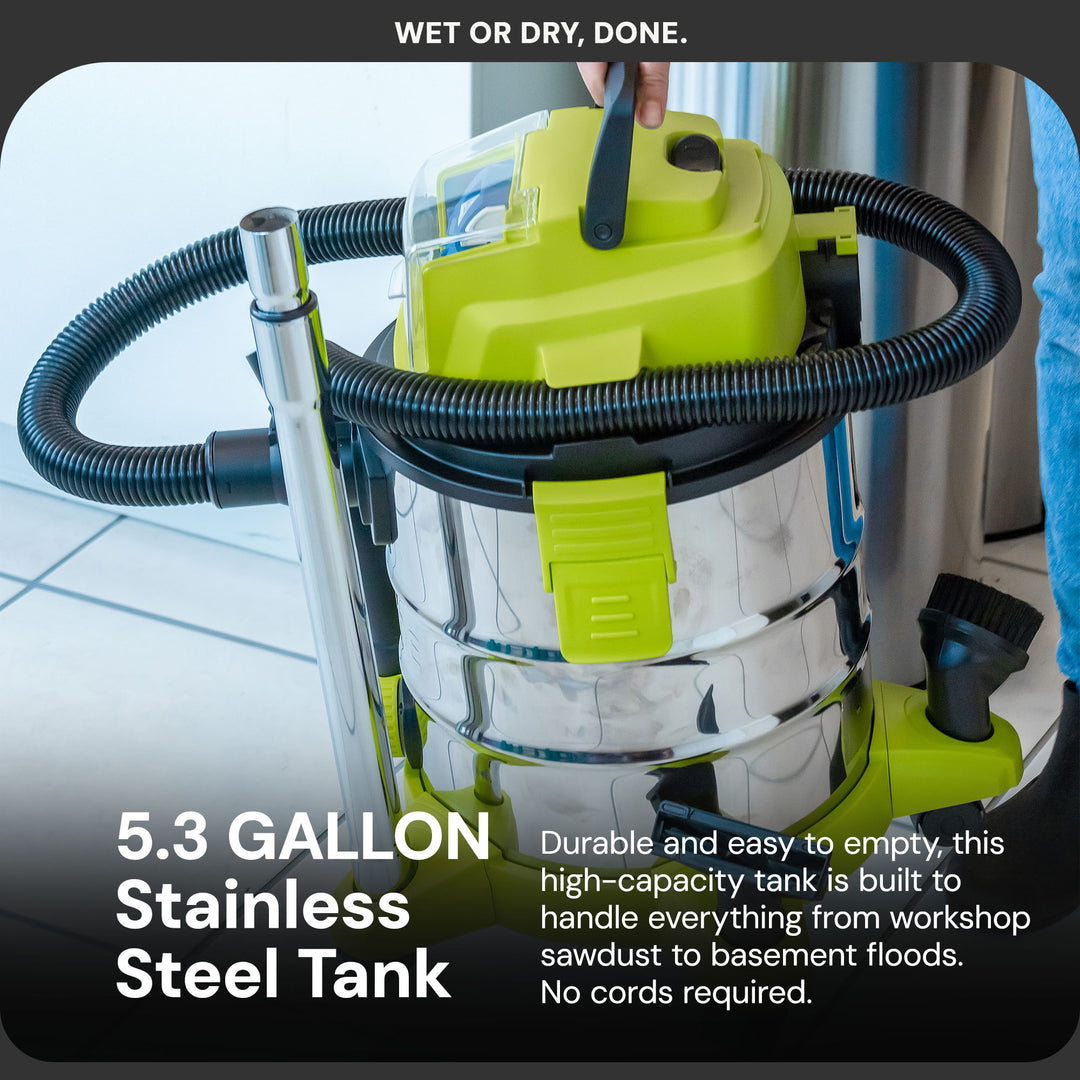 Sun Joe 24V Cordless Stainless Steel Wet or Dry Vacuum Kit, 5.3 Gal, 24V-WDV6000 - VMInnovations