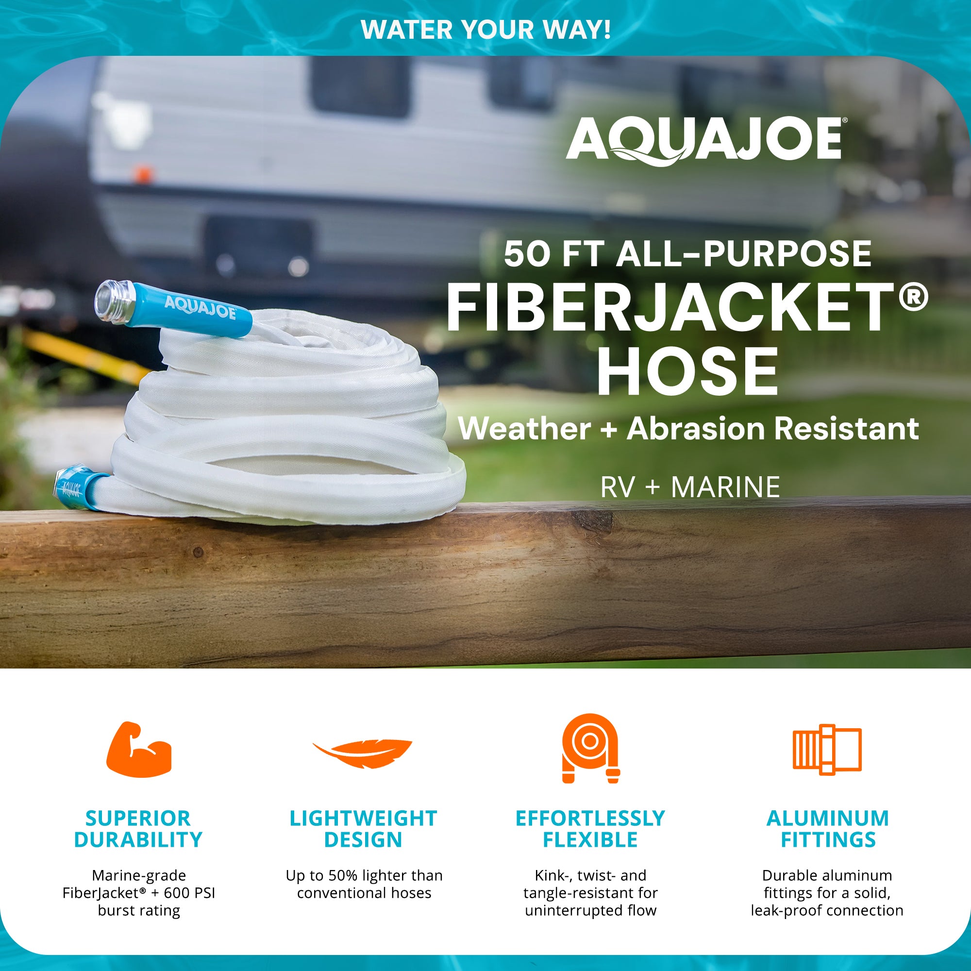 Aqua Joe 50 Foot Expandable RV Hose with Flexible Fiber Jacket, AJFJH50-58-RV - VMInnovations