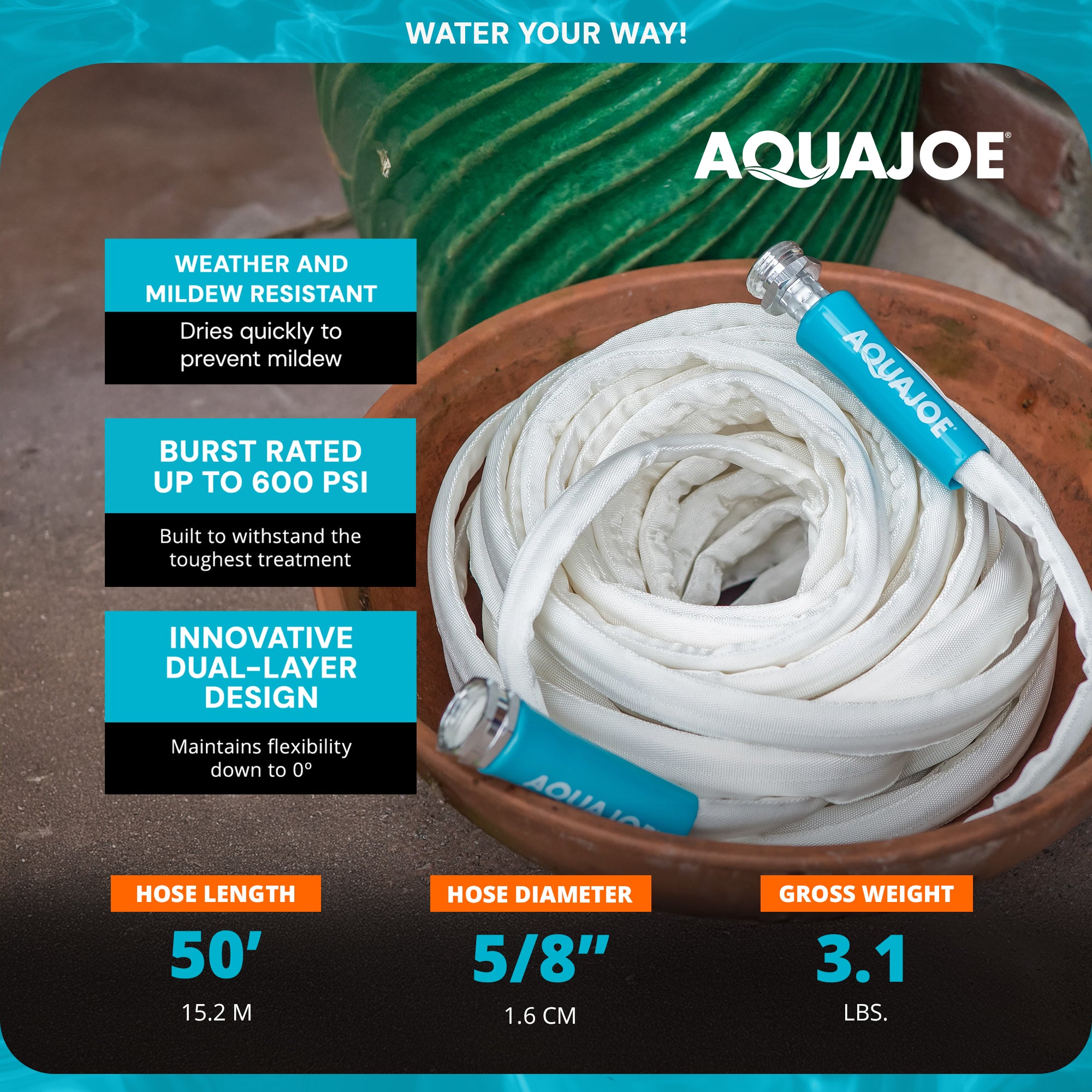 Aqua Joe 50 Foot Expandable RV Hose with Flexible Fiber Jacket, AJFJH50-58-RV - VMInnovations