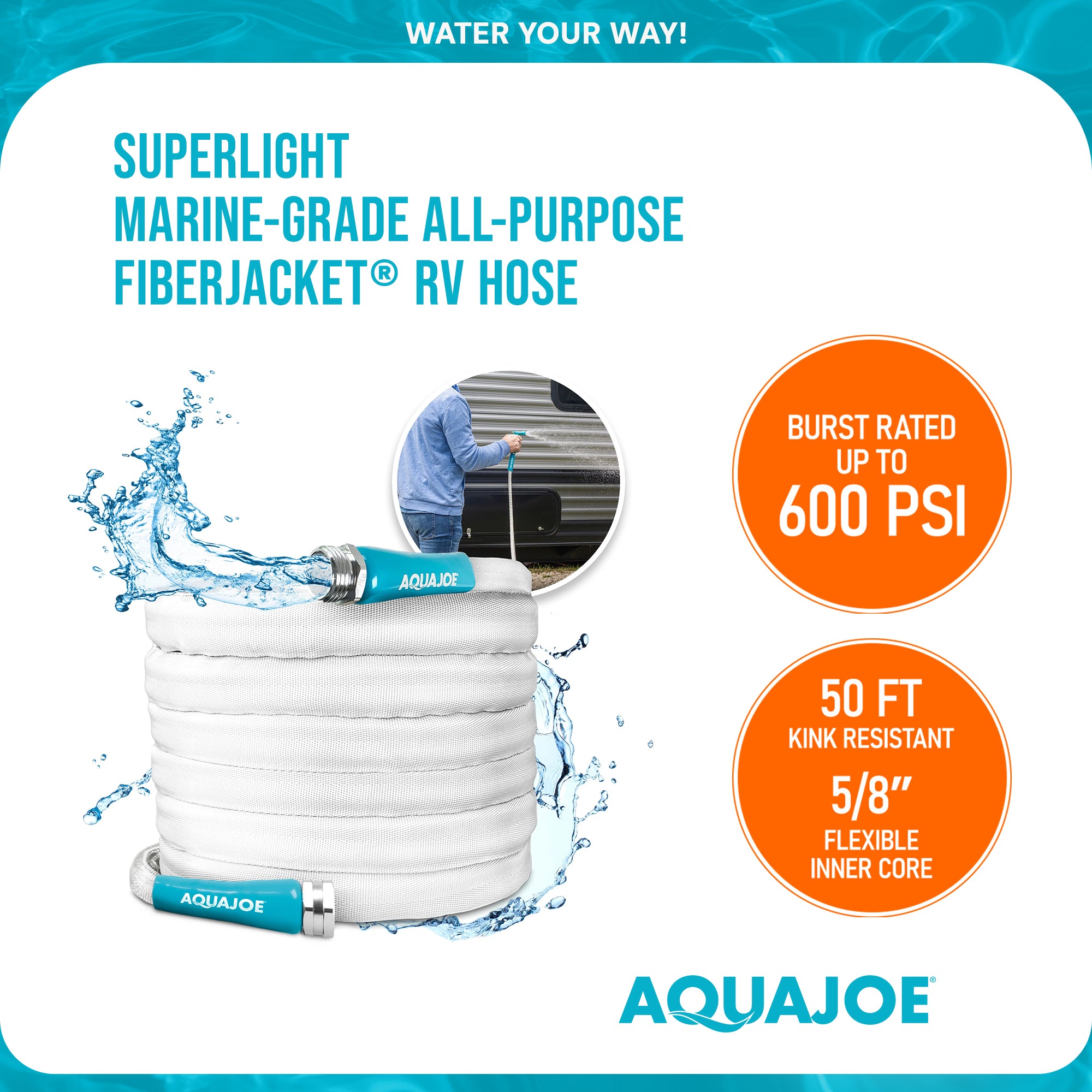 Aqua Joe 50 Foot Expandable RV Hose with Flexible Fiber Jacket, AJFJH50-58-RV - VMInnovations
