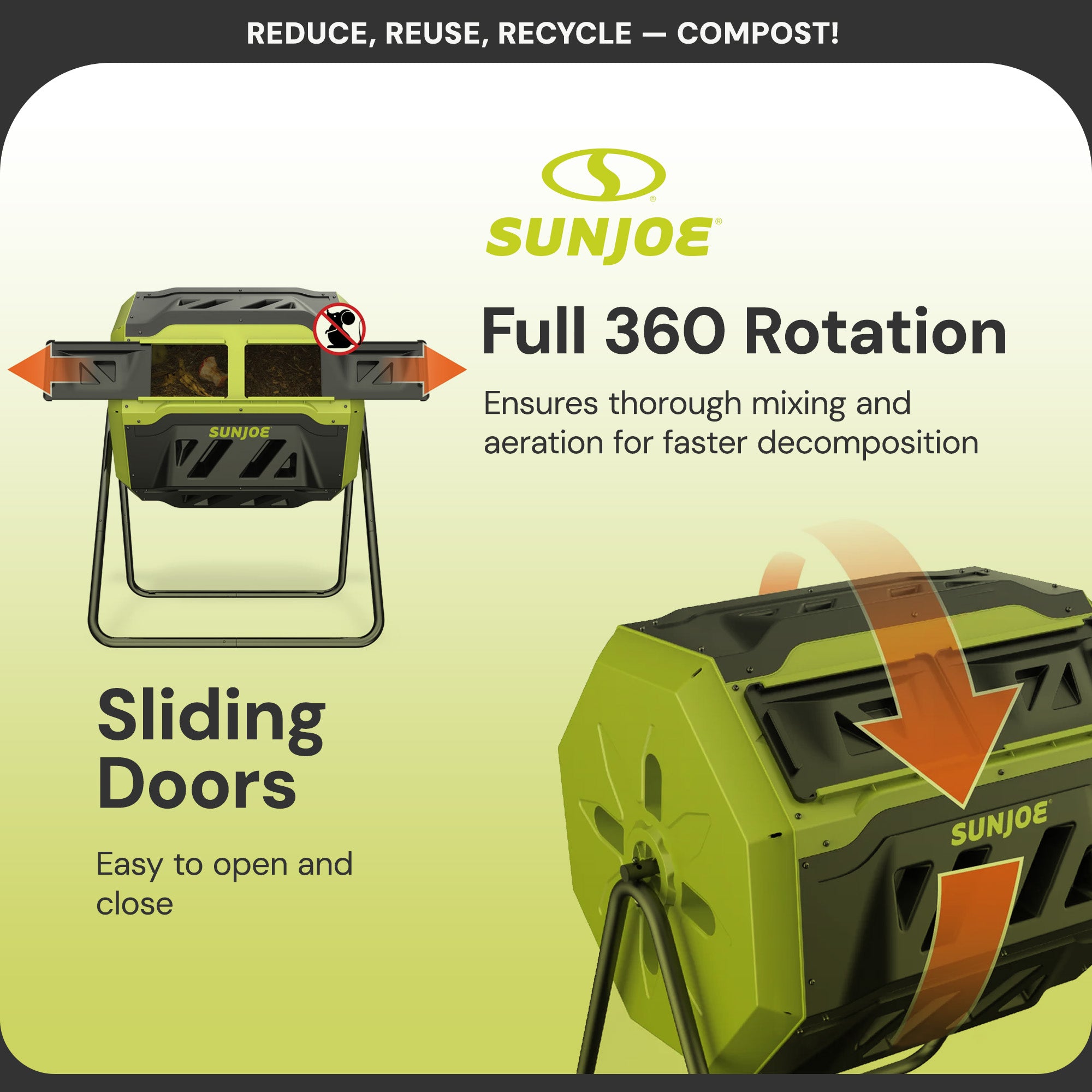 Sun Joe Dual Chamber Tumbling Composter, Advanced Aeration, 42 Gallon (Open Box) - VMInnovations