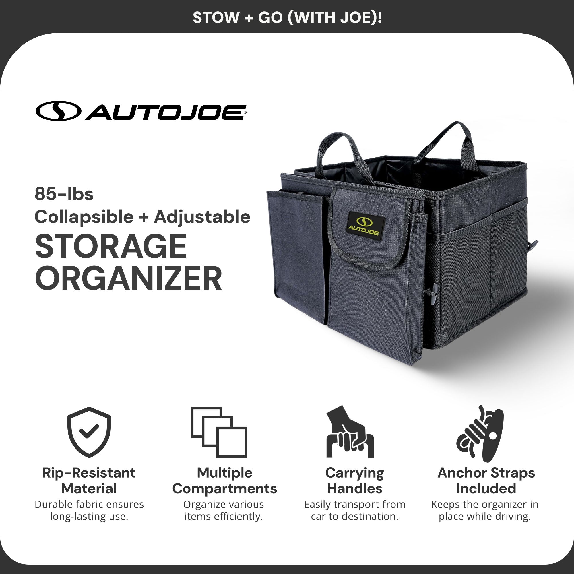 Auto Joe Collapsible Trunk Organizer Storage Caddy with Staps, ATJ-CTSO-BLK