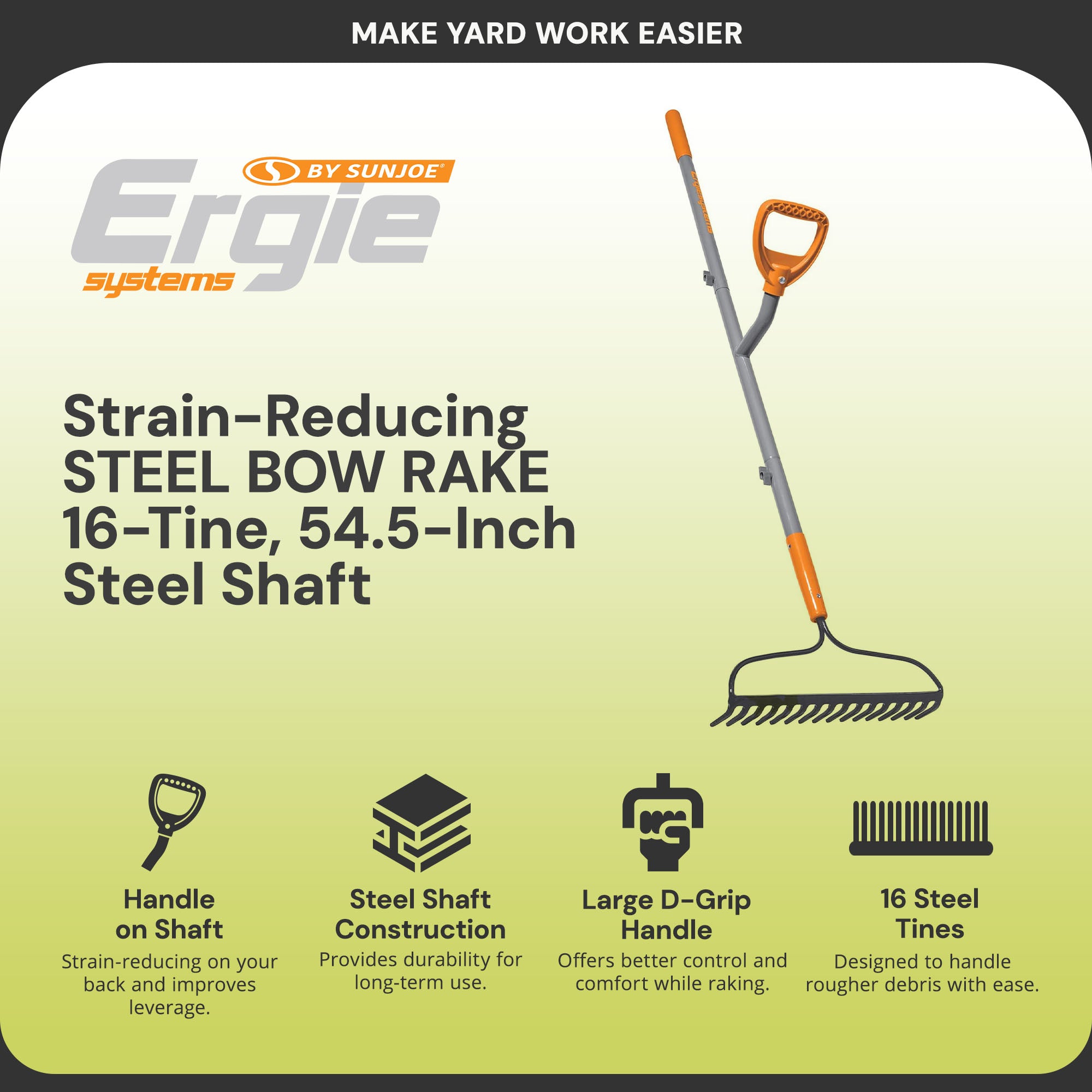 ErgieShovel 54" 16 Tine Bow Rake with Ergonomic Dual Handles, Gray/Orange (Used) - VMInnovations
