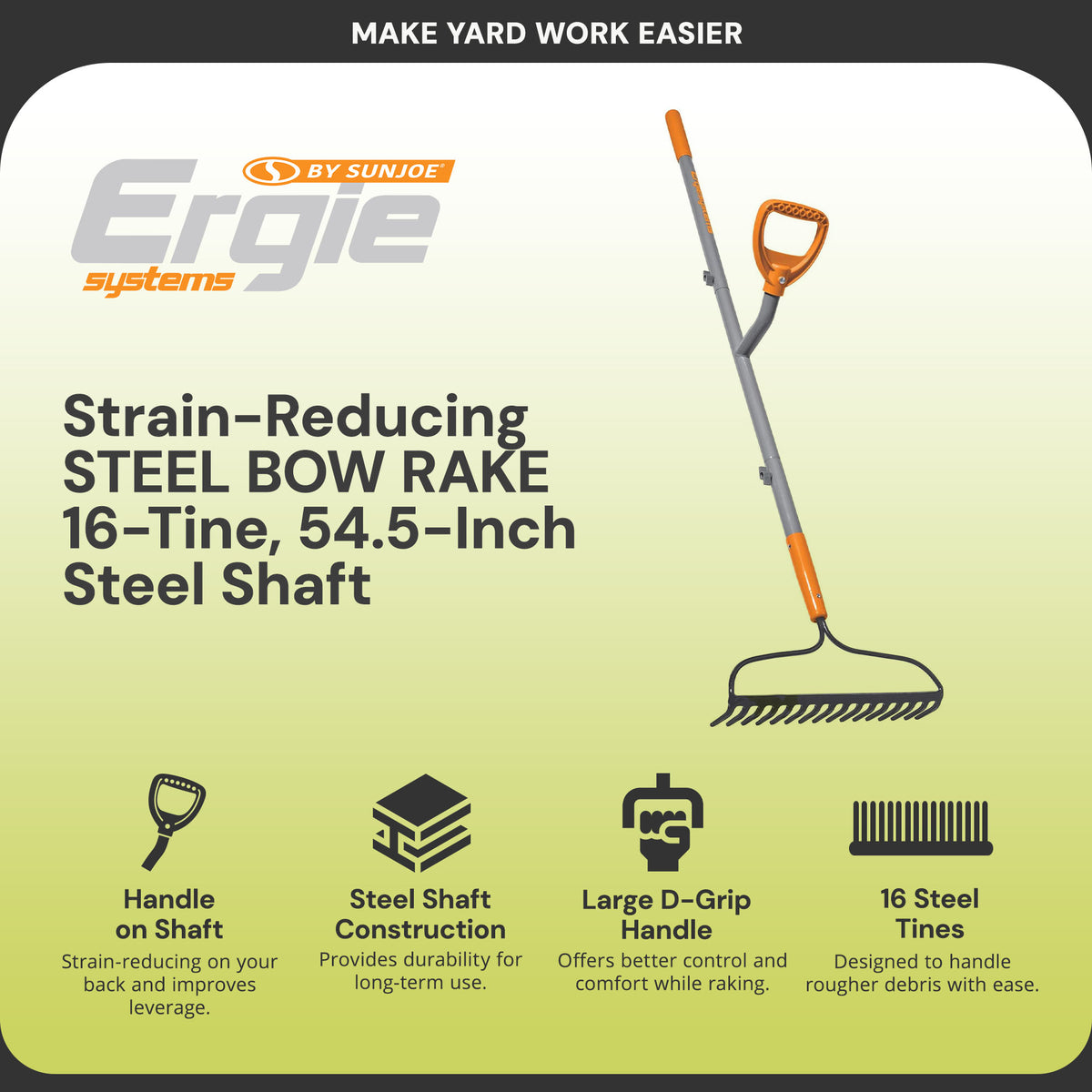 ErgieShovel 54 Inch Steel Bow Rake, Ergonomic Dual Handles, 16 Tines (Open Box) - VMInnovations