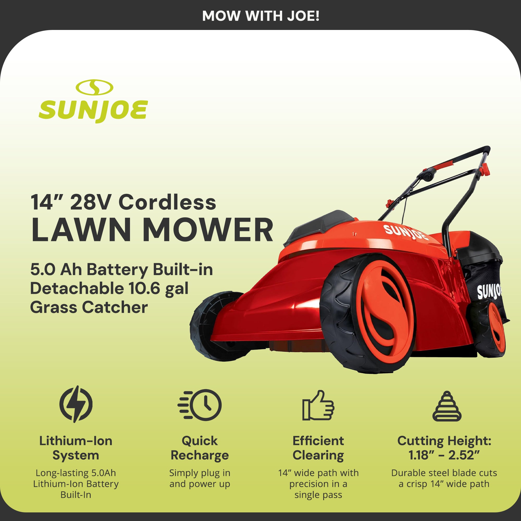 Sun Joe Cordless Lawn Mower, 28V, 14", 10.6 Gal Detachable Bag (Open Box)