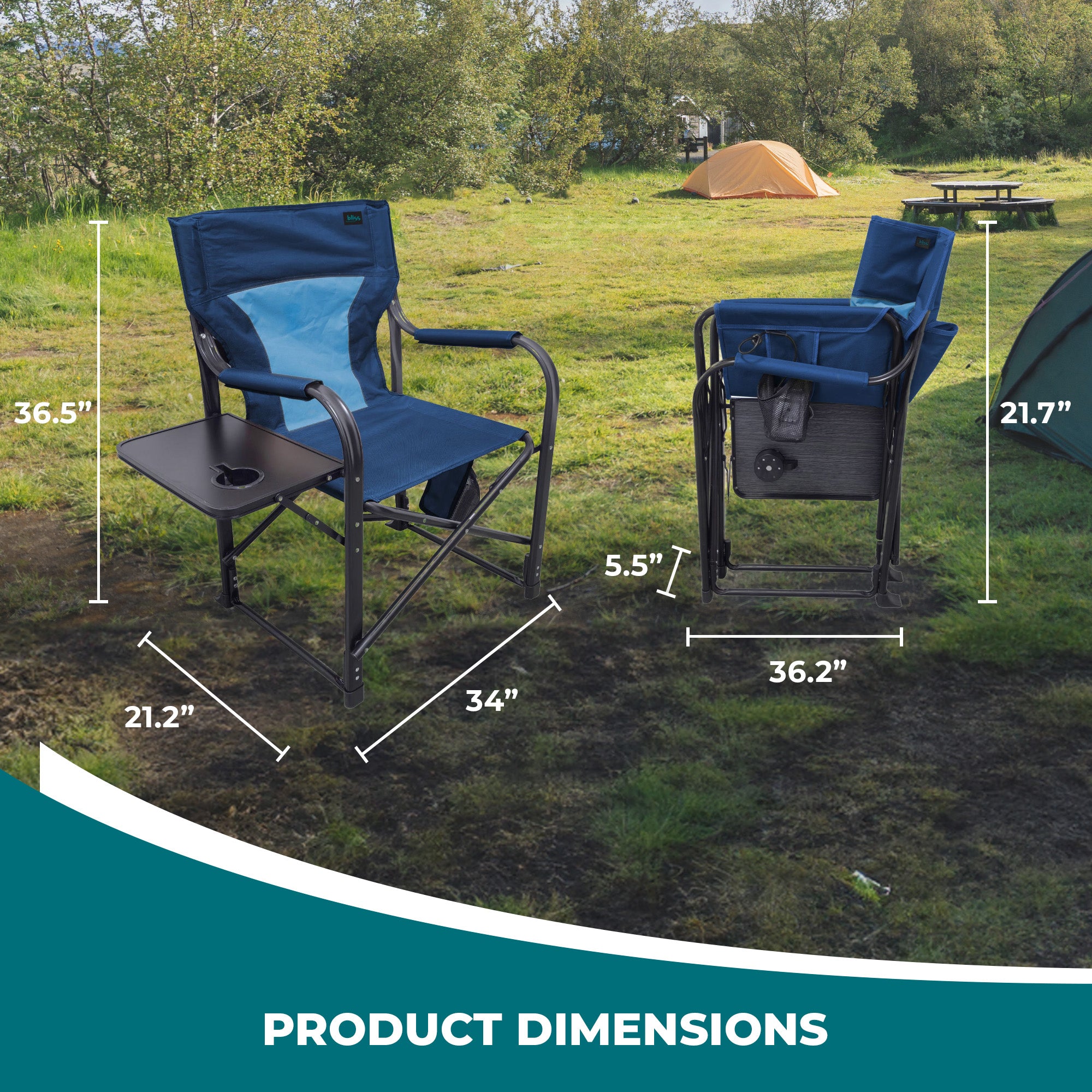 Bliss Hammocks 24V Heated Seat, Folding Chair w/Battery & 3 Heat Settings, Blue - VMInnovations