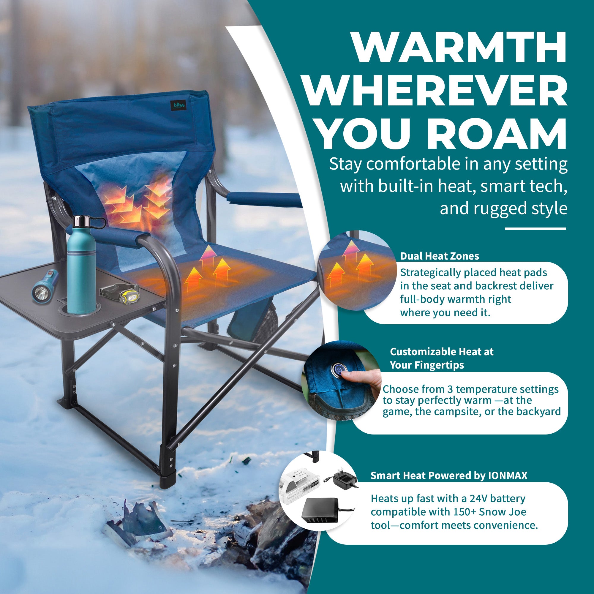 Bliss Hammocks 24V Heated Seat, Folding Chair w/Battery & 3 Heat Settings, Blue - VMInnovations
