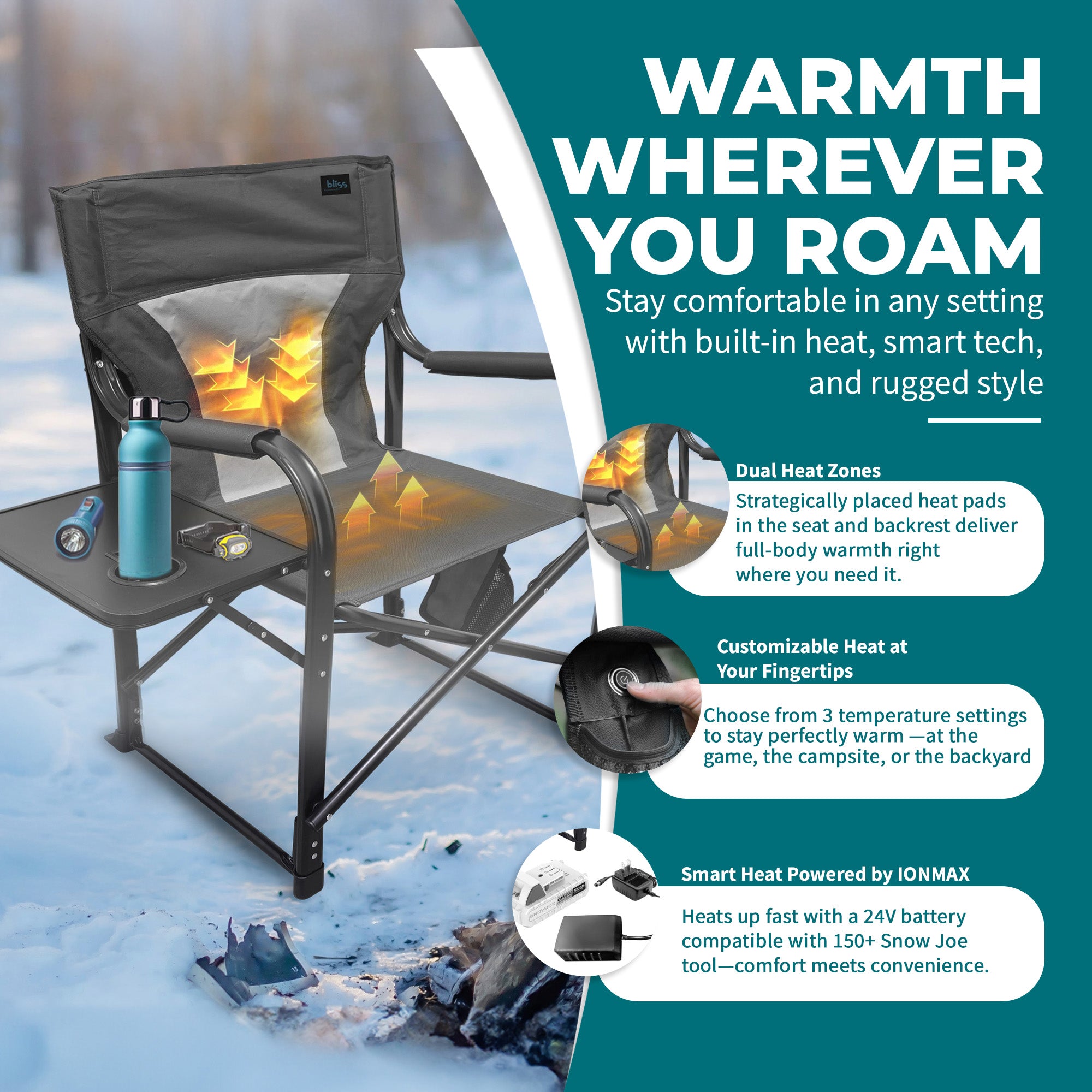 Bliss Hammocks 24V Heated Seat, Folding Chair w/Battery & 3 Heat Settings, Gray - VMInnovations