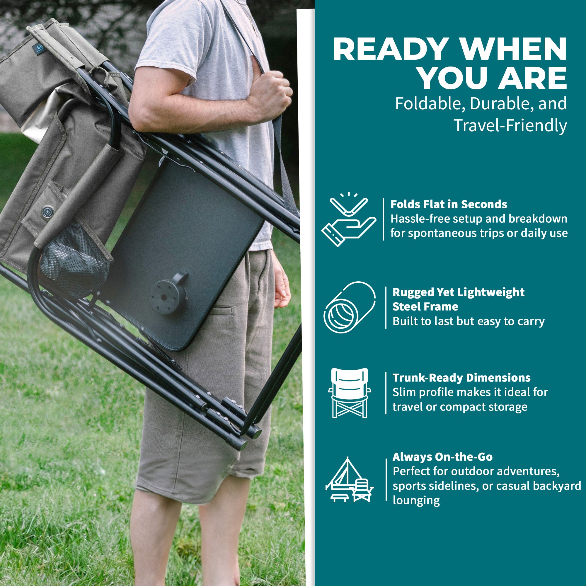 Bliss Hammocks 24V Heated Seat, Folding Chair w/Battery & 3 Heat Settings, Gray - VMInnovations