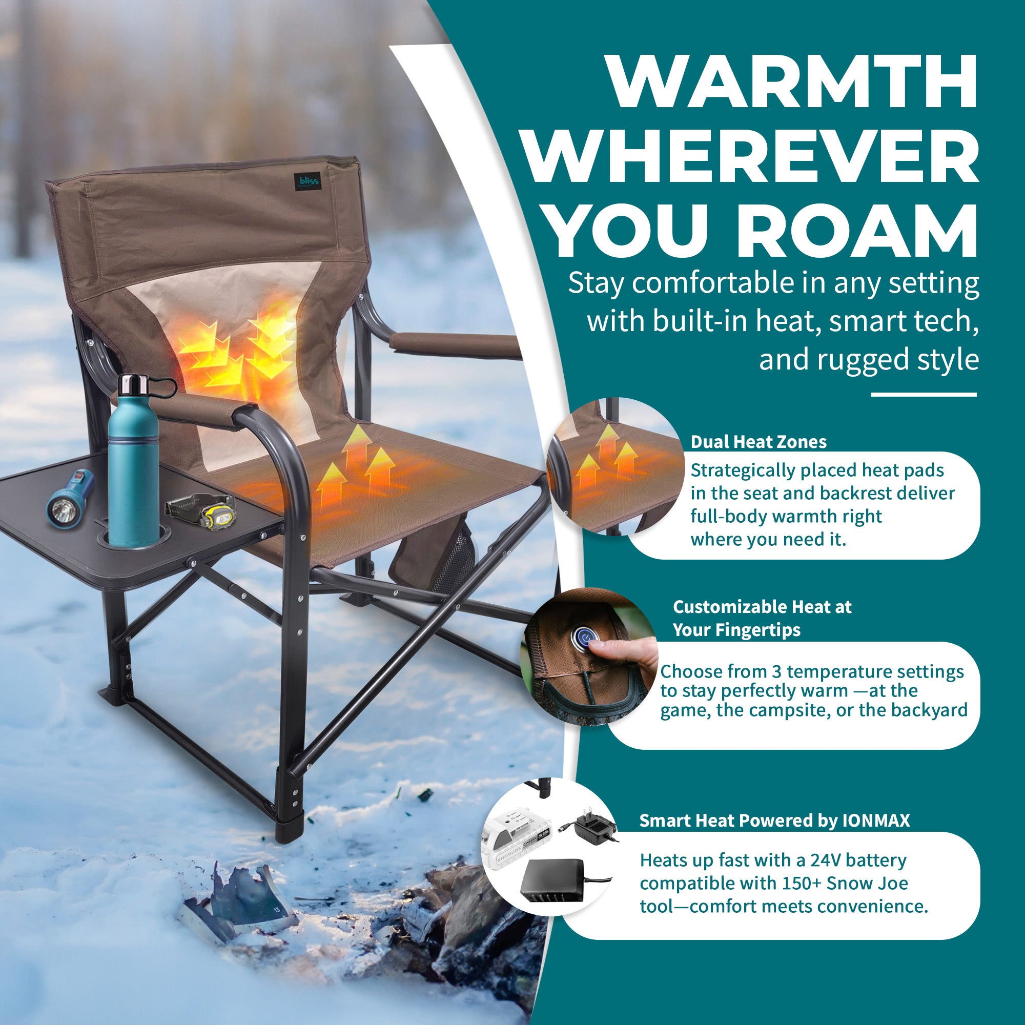 Bliss Hammocks 24V Heated Seat, Folding Chair w/Battery & 3 Heat Settings, Brown - VMInnovations