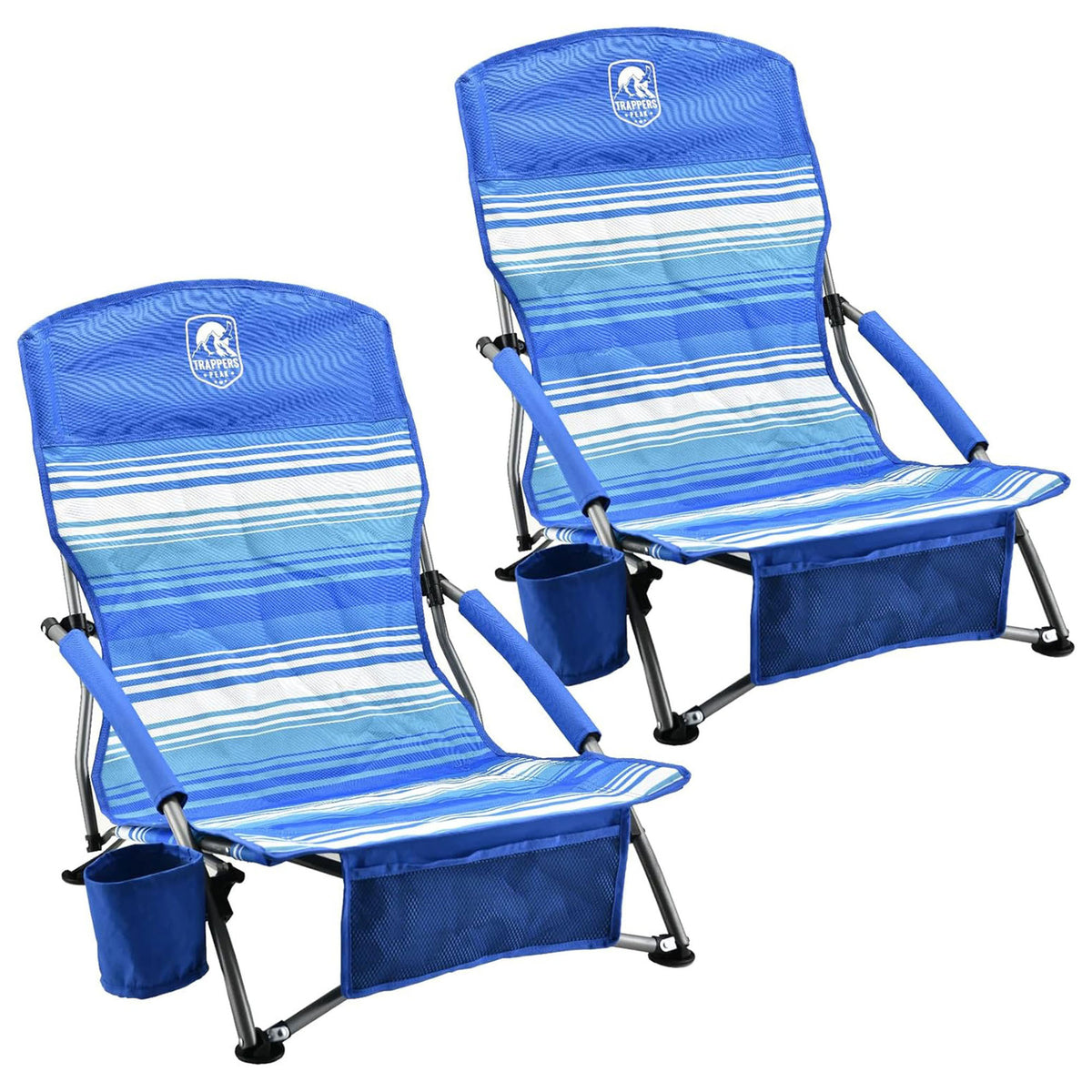 Trapper’s Peak 2 Pack Low Profile Folding Beach Chairs, Cup Holder, Bag, Blue