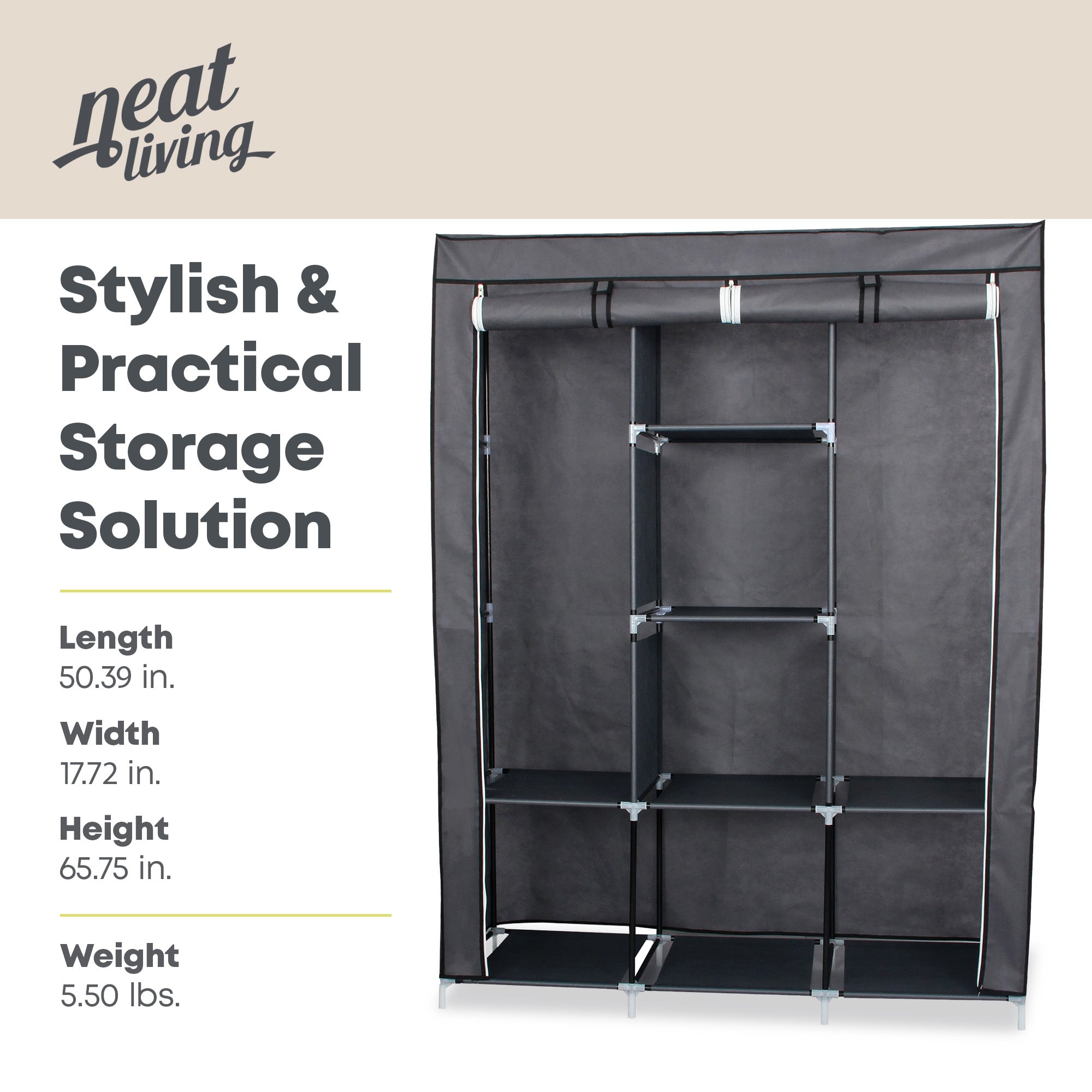 Neat Living Portable Wardrobe Closet Organizer, Cover, Shelves for Clothes, Gray - VMInnovations