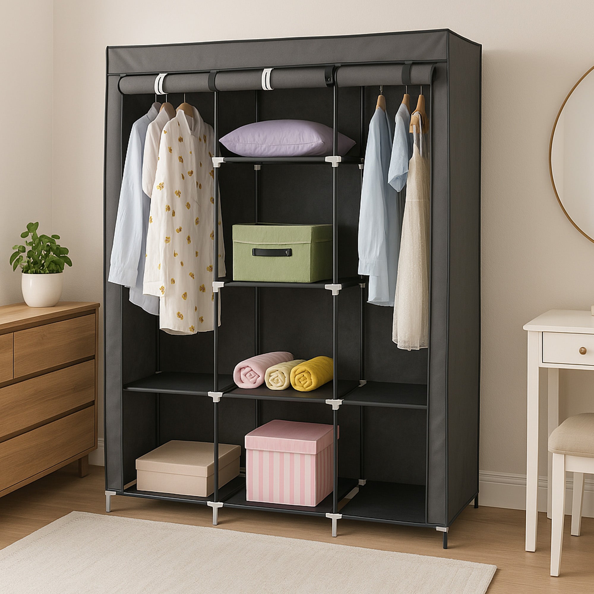 Neat Living Portable Wardrobe Closet Organizer, Cover, Shelves for Clothes, Gray - VMInnovations