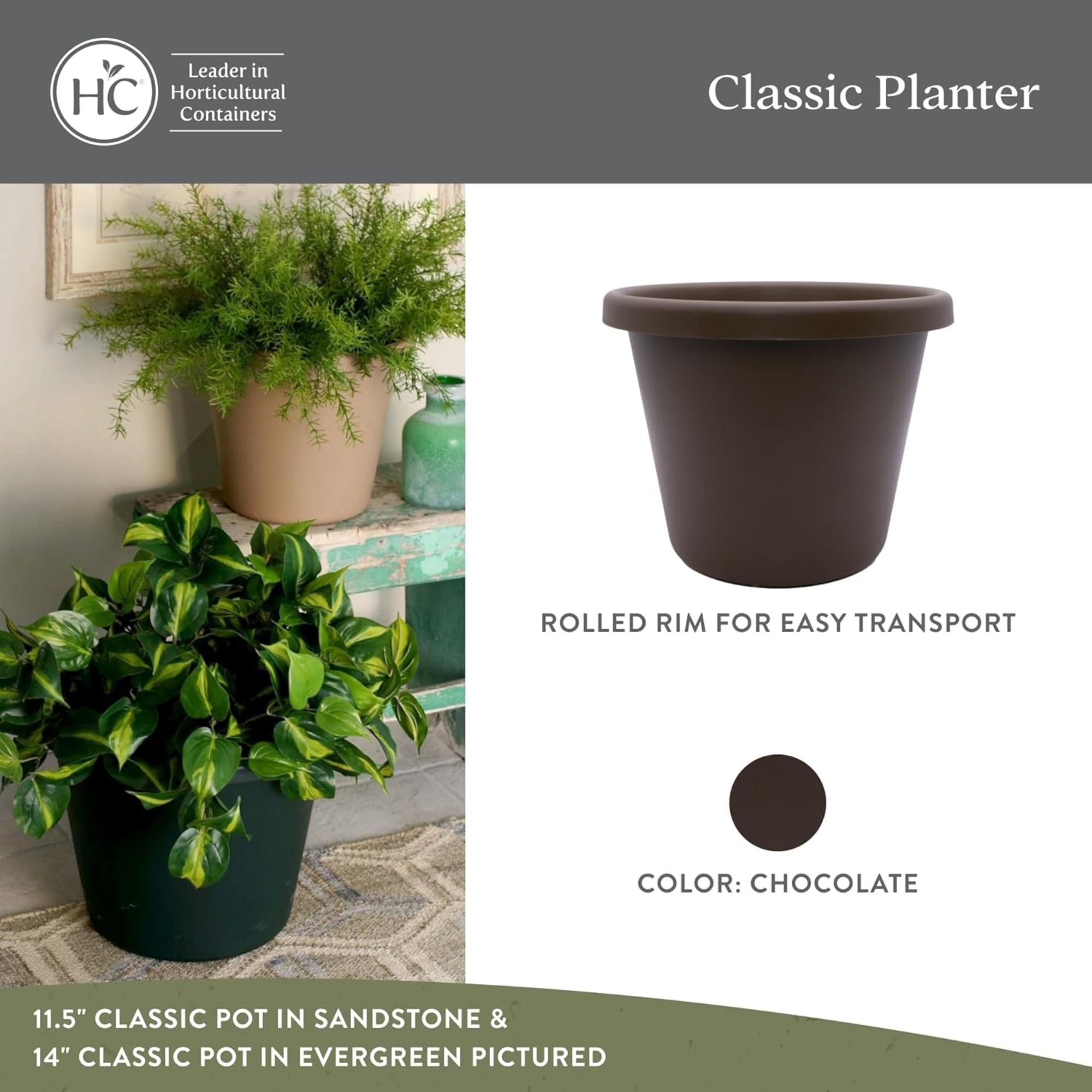 The HC Companies 17 Inch Round Classic Planter, Plastic Plant Pot, Chocolate - VMInnovations