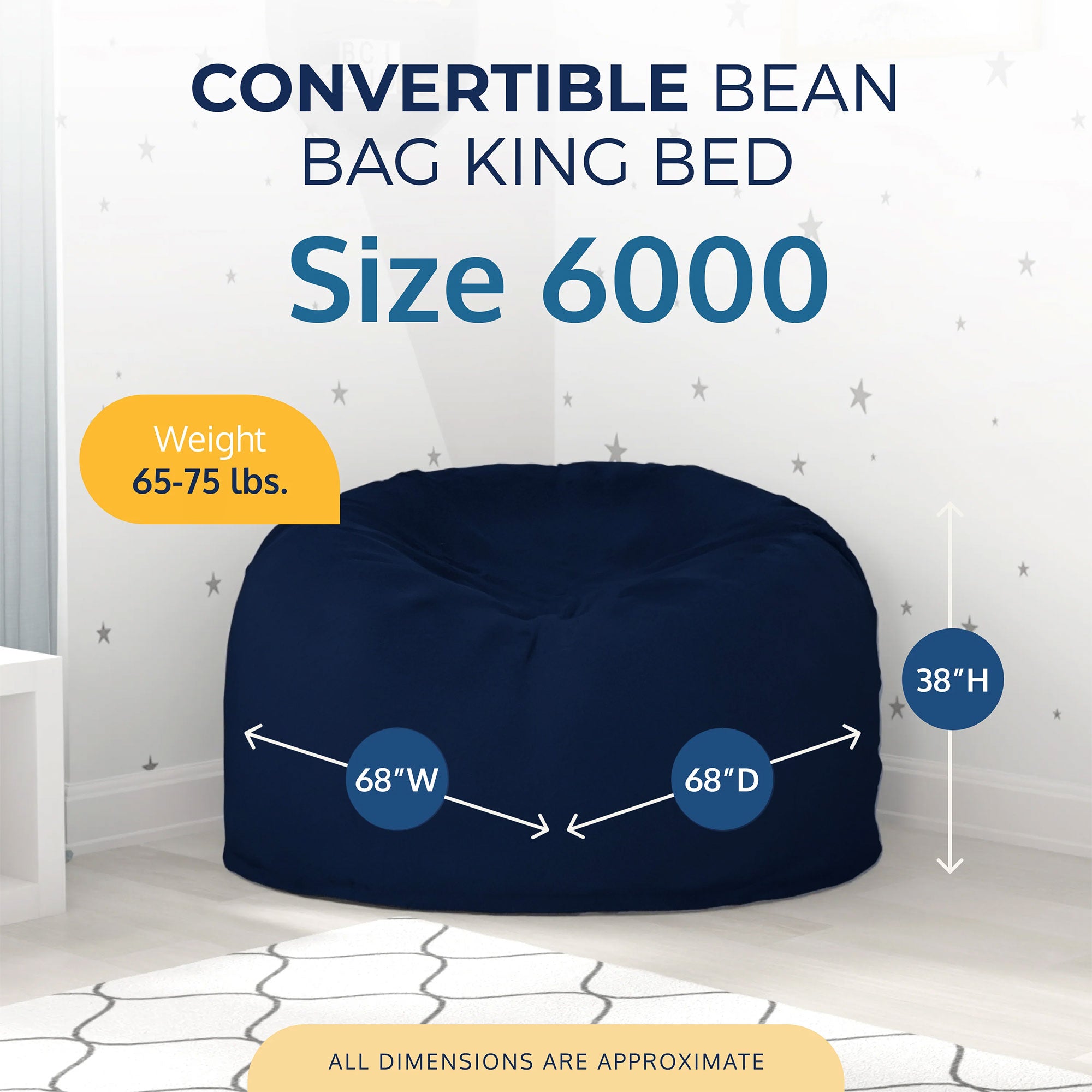 Ultimate Sack 6 ft Bean Bag Chair, Oversized Indoor Comfy Lounger, Navy Fur - VMInnovations