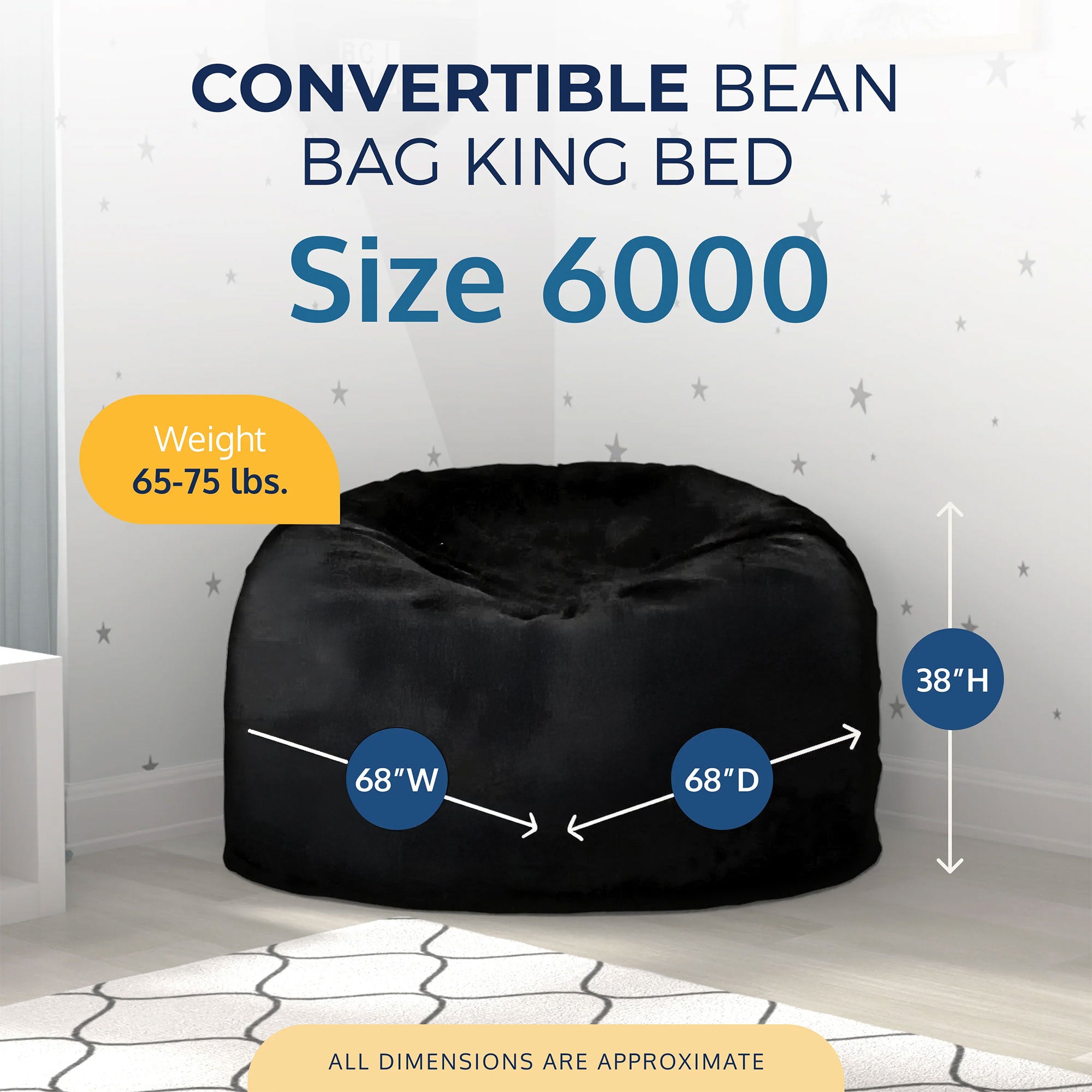 Ultimate Sack 6ft Bean Bag Chair, Oversized Indoor Comfy Lounger, Black Fur - VMInnovations