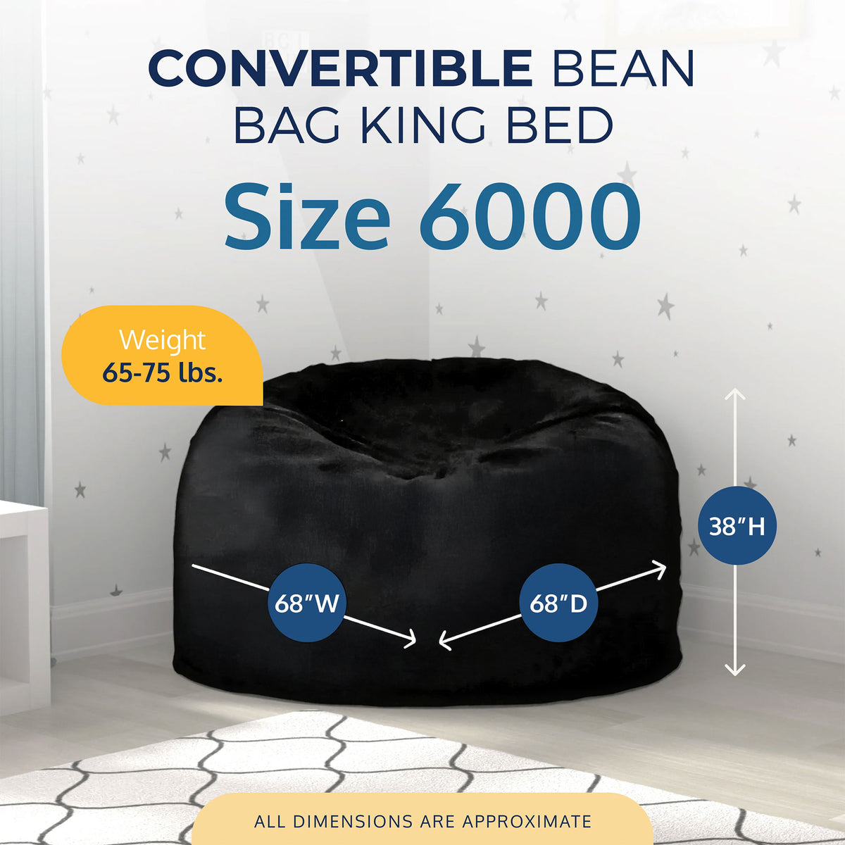 Ultimate Sack 6ft Bean Bag Chair, Oversized Indoor Comfy Lounger, Black Fur