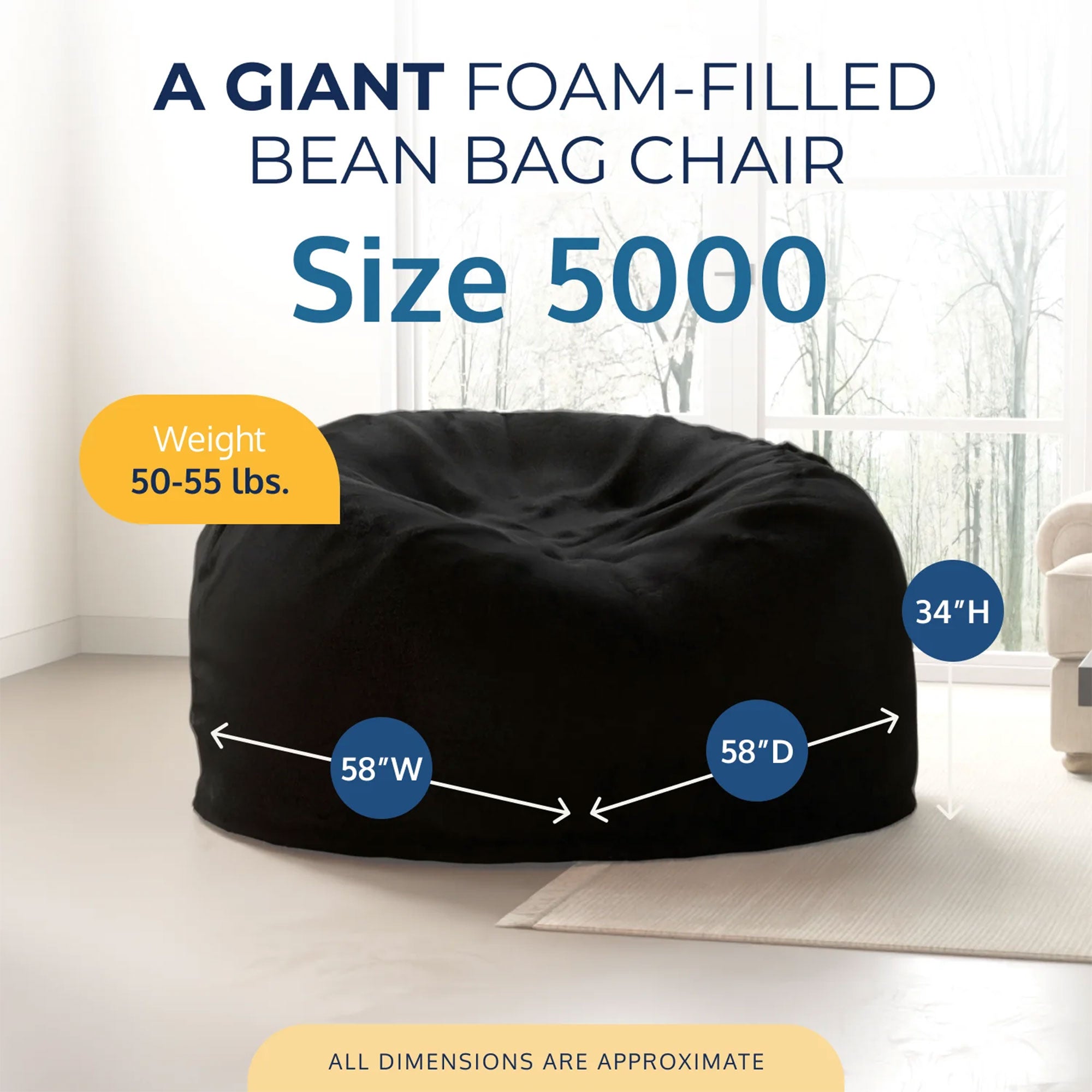 Ultimate Sack 5ft Bean Bag Chair, Oversized Indoor Comfy Lounger, Black Fur - VMInnovations