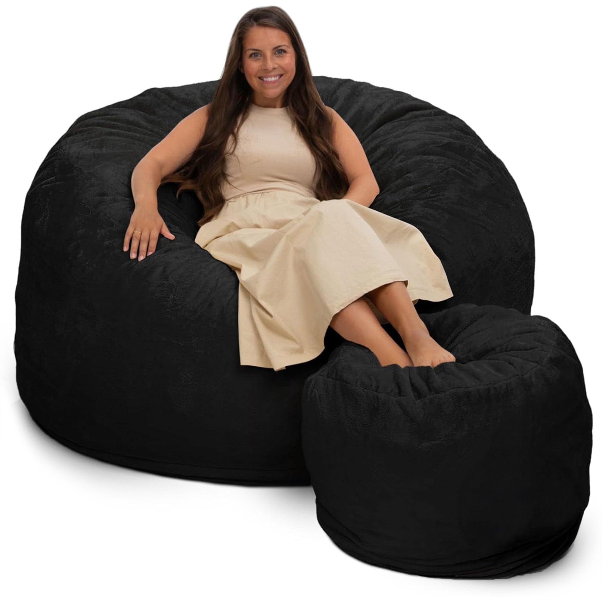 Ultimate Sack 6ft Bean Bag Chair and Footstool, Oversized Lounger, Black Fur - VMInnovations