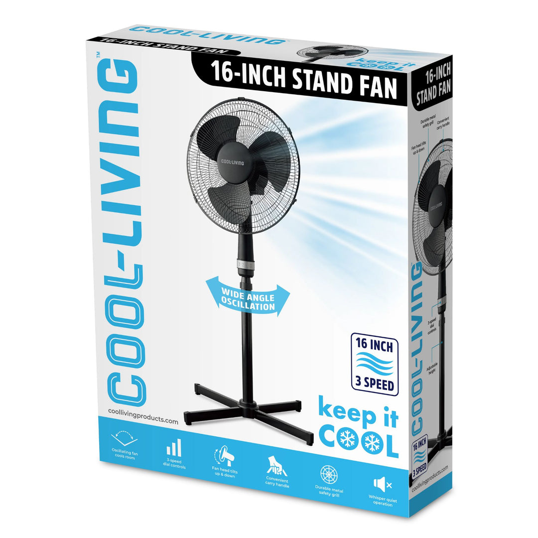 Cool-Living 16" Electric Oscillating Pedestal Fan with 3 Speed Options, Black - VMInnovations