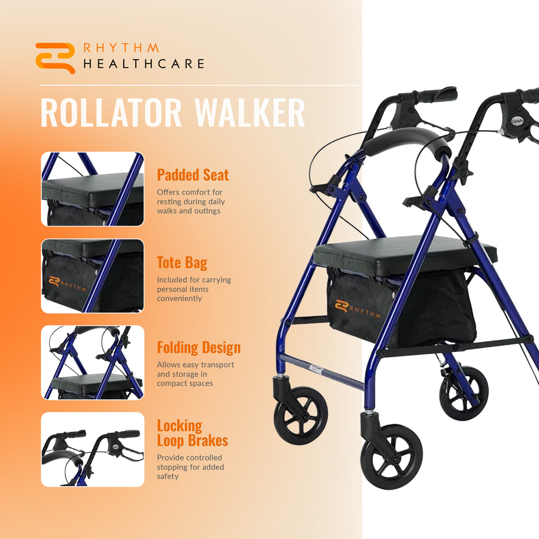 Rhythm Healthcare Royal Aluminum Rollator Lightweight 4 Wheel Walker Seat, Blue