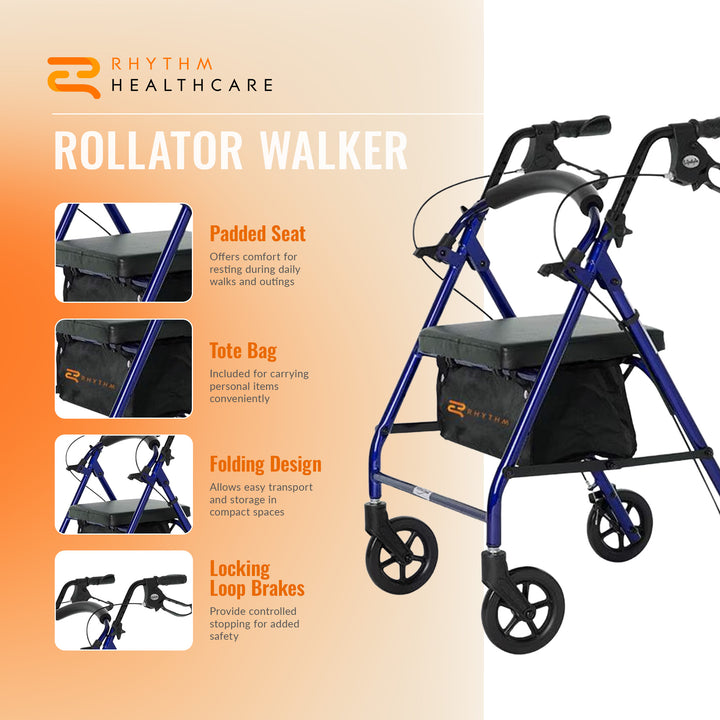Rhythm Healthcare Royal Aluminum Rollator Lightweight 4 Wheel Walker Seat, Blue