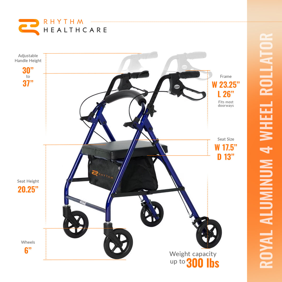 Rhythm Healthcare Royal Aluminum Rollator Lightweight 4 Wheel Walker Seat, Blue