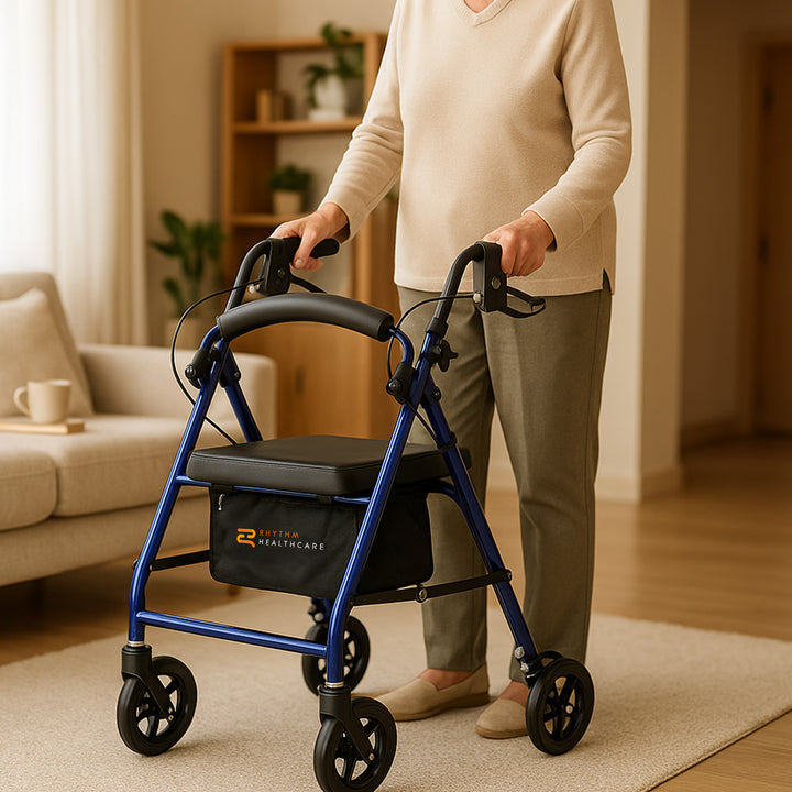 Rhythm Healthcare Royal Aluminum Rollator Lightweight 4 Wheel Walker Seat, Blue