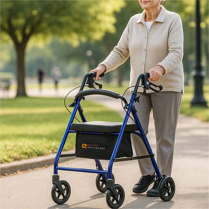 Rhythm Healthcare Royal Aluminum Rollator Lightweight 4 Wheel Walker Seat, Blue