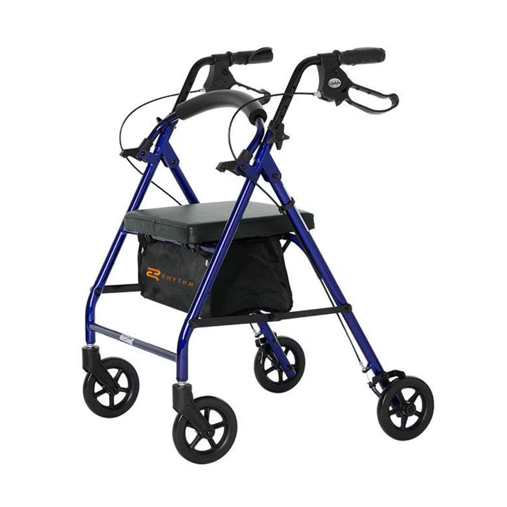 Rhythm Healthcare Royal Aluminum Rollator Lightweight 4 Wheel Walker Seat, Blue