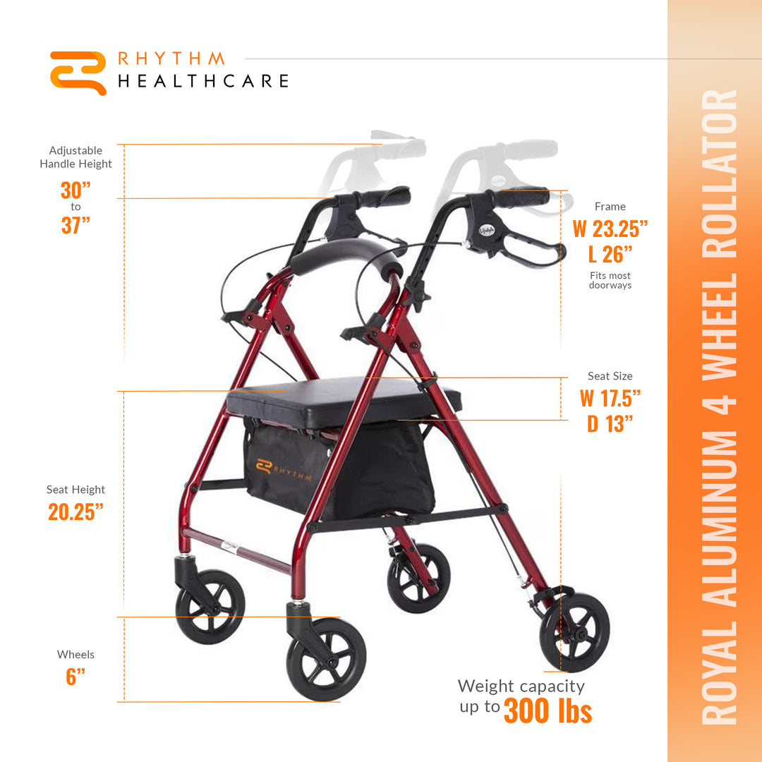 Rhythm Healthcare Royal Aluminum Rollator Lightweight 4 Wheel Walker Seat, Red - VMInnovations