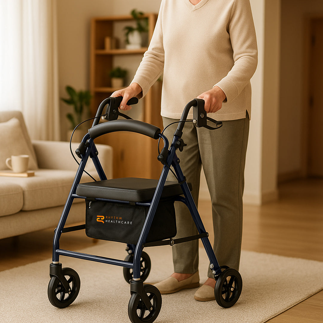 Rhythm Healthcare Royal Aluminum Rollator Lightweight 4 Wheel Walker Seat, Grey - VMInnovations