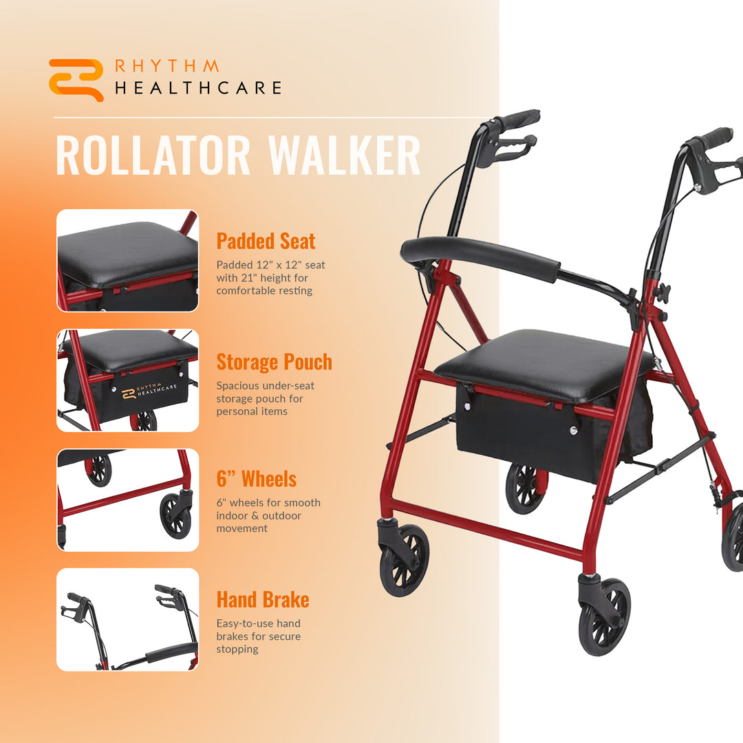 Rhythm Healthcare 4 Wheel Rollator Walker with 12x12" Seat and 6" Wheels, Red - VMInnovations