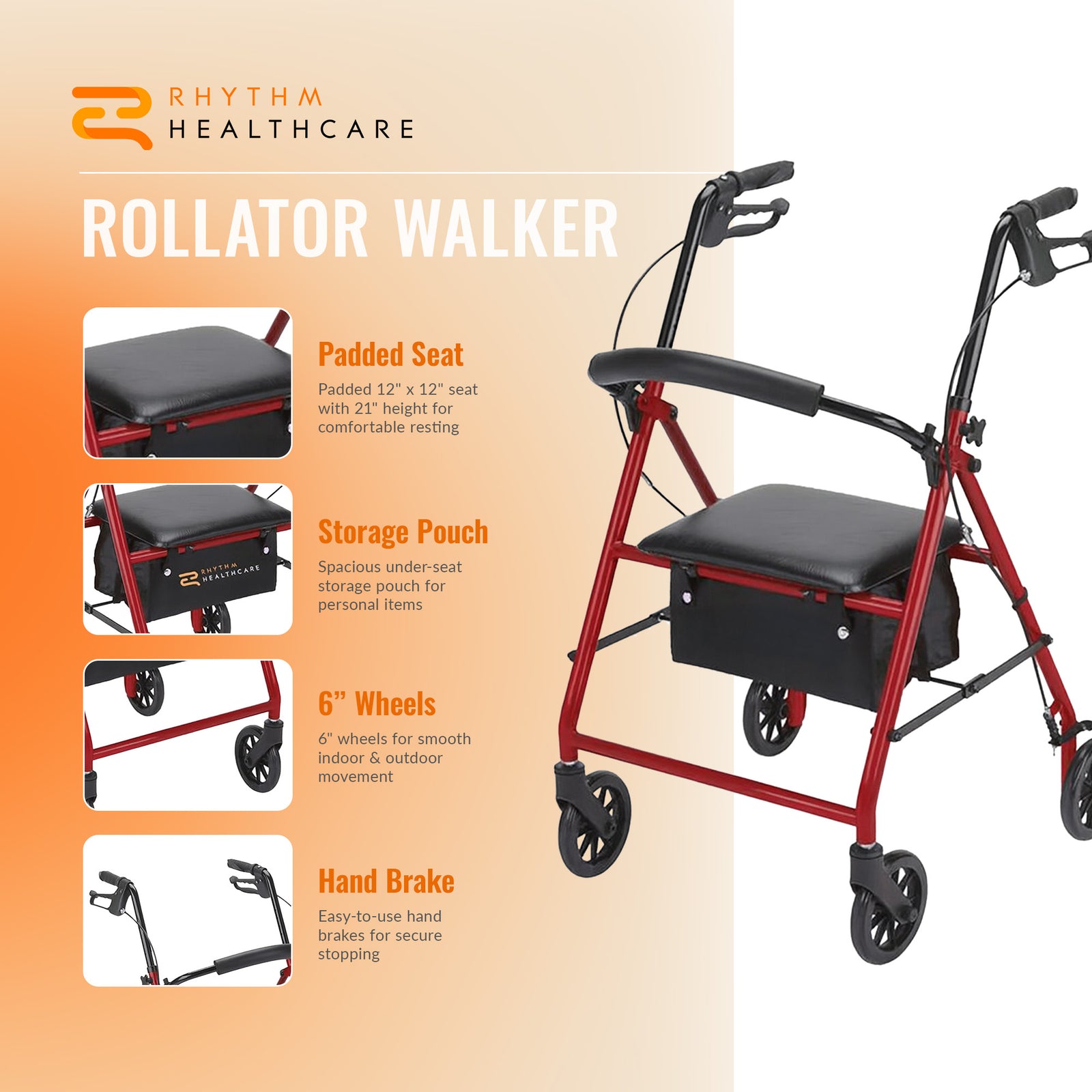 Rhythm Healthcare 4 Wheel Rollator Walker with 12x12" Seat and 6" Wheels, Red - VMInnovations