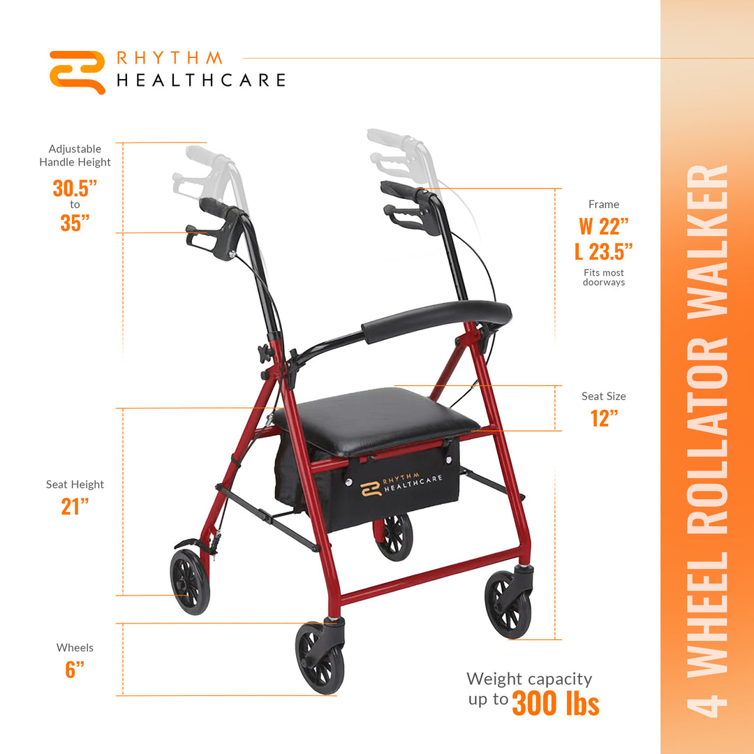 Rhythm Healthcare 4 Wheel Rollator Walker with 12x12" Seat and 6" Wheels, Red - VMInnovations